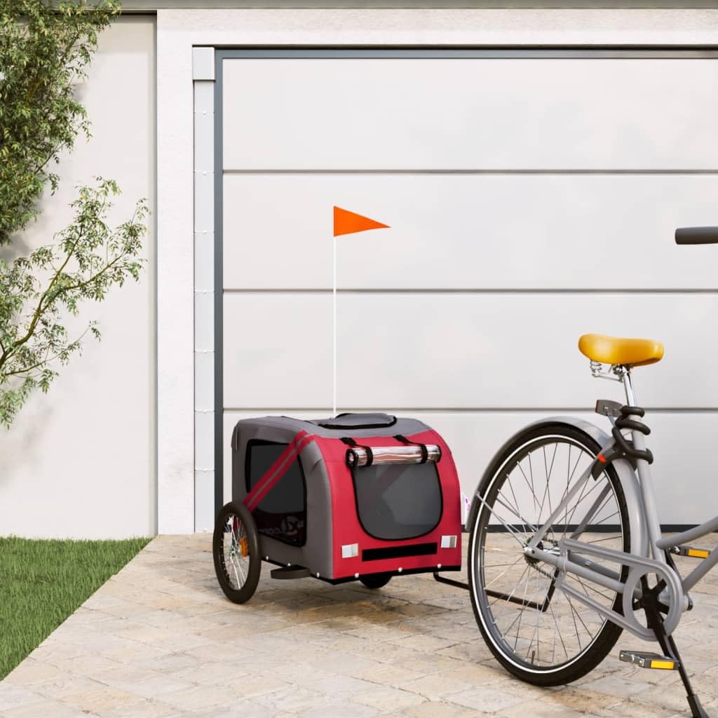 vidaXL Remolque de Bicicleta para Mascotas, Carrito para Perros Gatos, Remolque de Carga para Compra Camping, Hierro Tela Oxford Rojo Gris