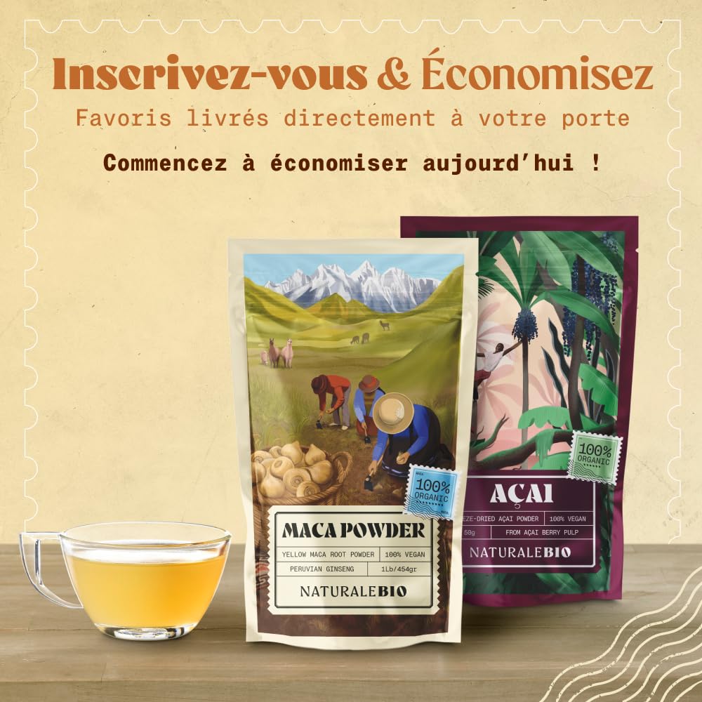 NaturaleBio Maca Bio en Poudre 1kg. Organic Peruvian Yellow Maca Root Powder. Gélatinisée, Naturelle et Pure. Produite au Pérou à partir de Racines Biologiques