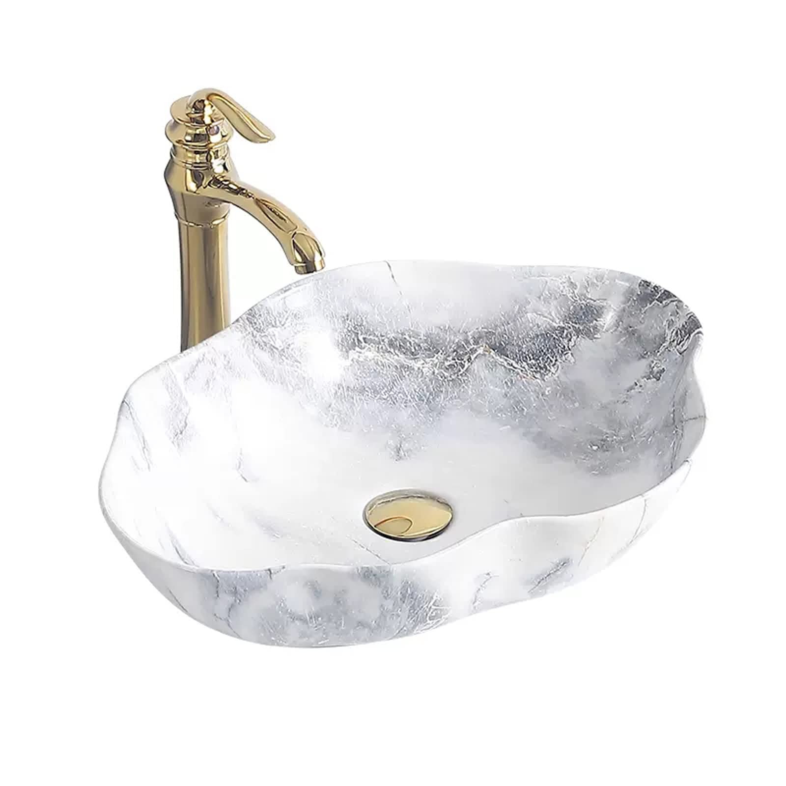 Sjdopulse Brass Countertop Wash Basin Ceramic Countertop Wash Basin For Bathroom Marble Texture Oval Art Countertop Basin With Gold Tap And Drain Bathroom Sink