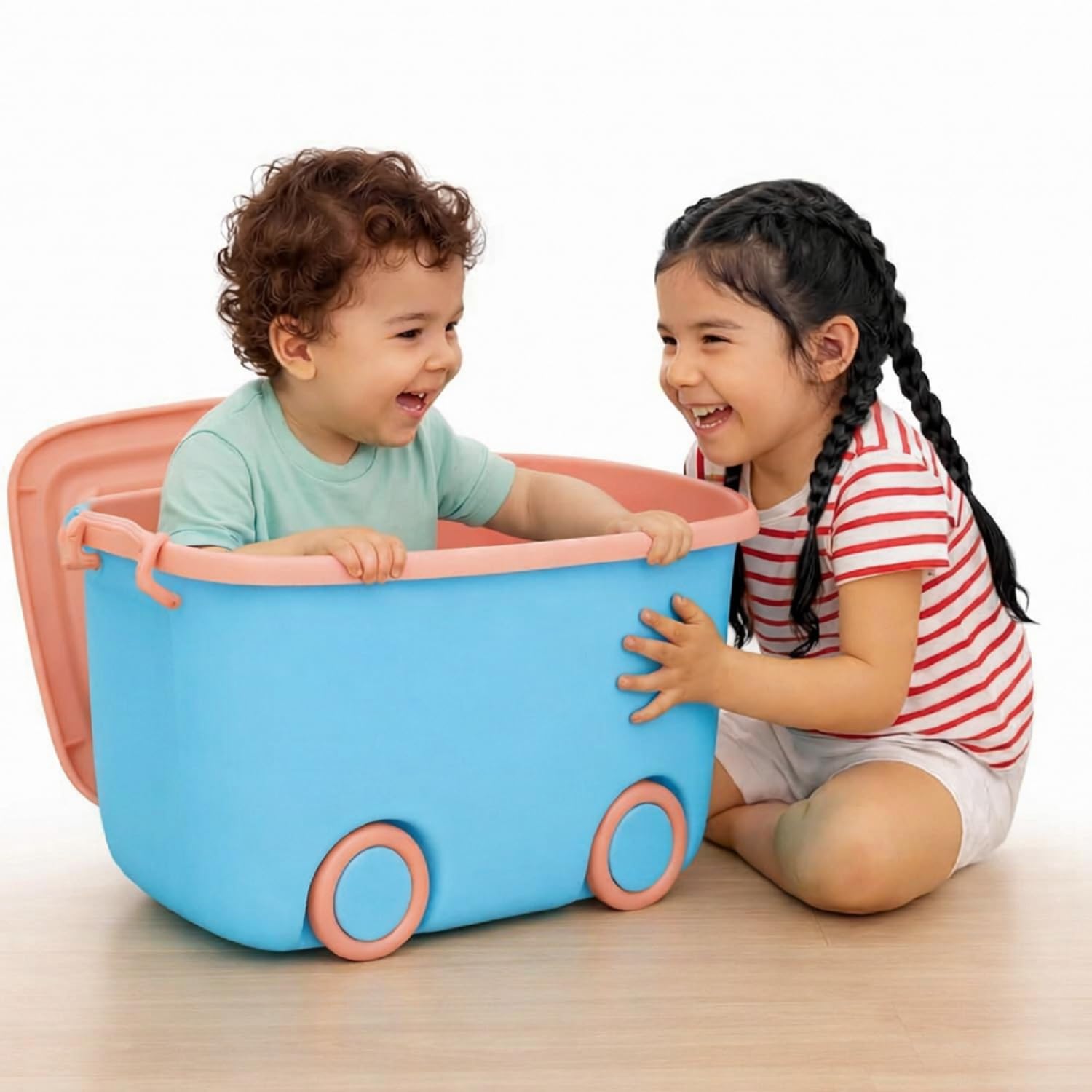 Multipurpose Organizer Bin with 4 Wheels,Hendle & Lid Super Large Plastic Storage Bin Rolling Polypropylene Rectangular Container for Clothes,Books 45 Litre Basket Colorful Car-shaped(Blue)-image-3