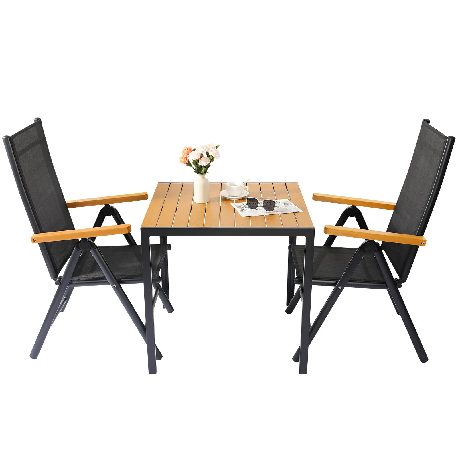 LIFERUN Juego de muebles de jardín de aluminio y WPC, 3 piezas para balcón, 2 sillas plegables y resistentes, 1 mesa de jardín con respaldo alto