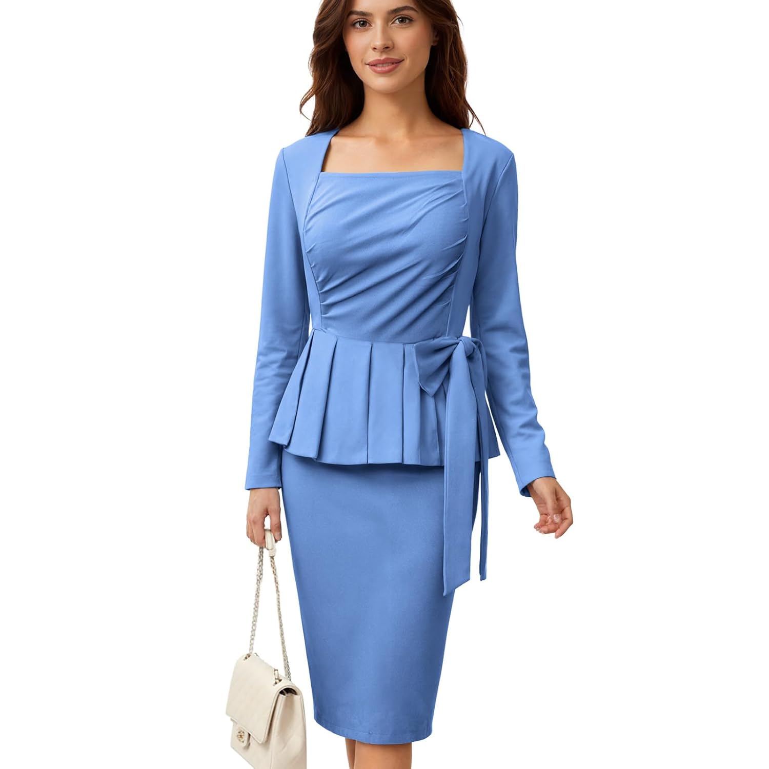 Womens Pleated Work Long Sleeve Bow Knot Bodycon Dress Square-Neck Fited Office Business Casual Midi Pencil Dresses