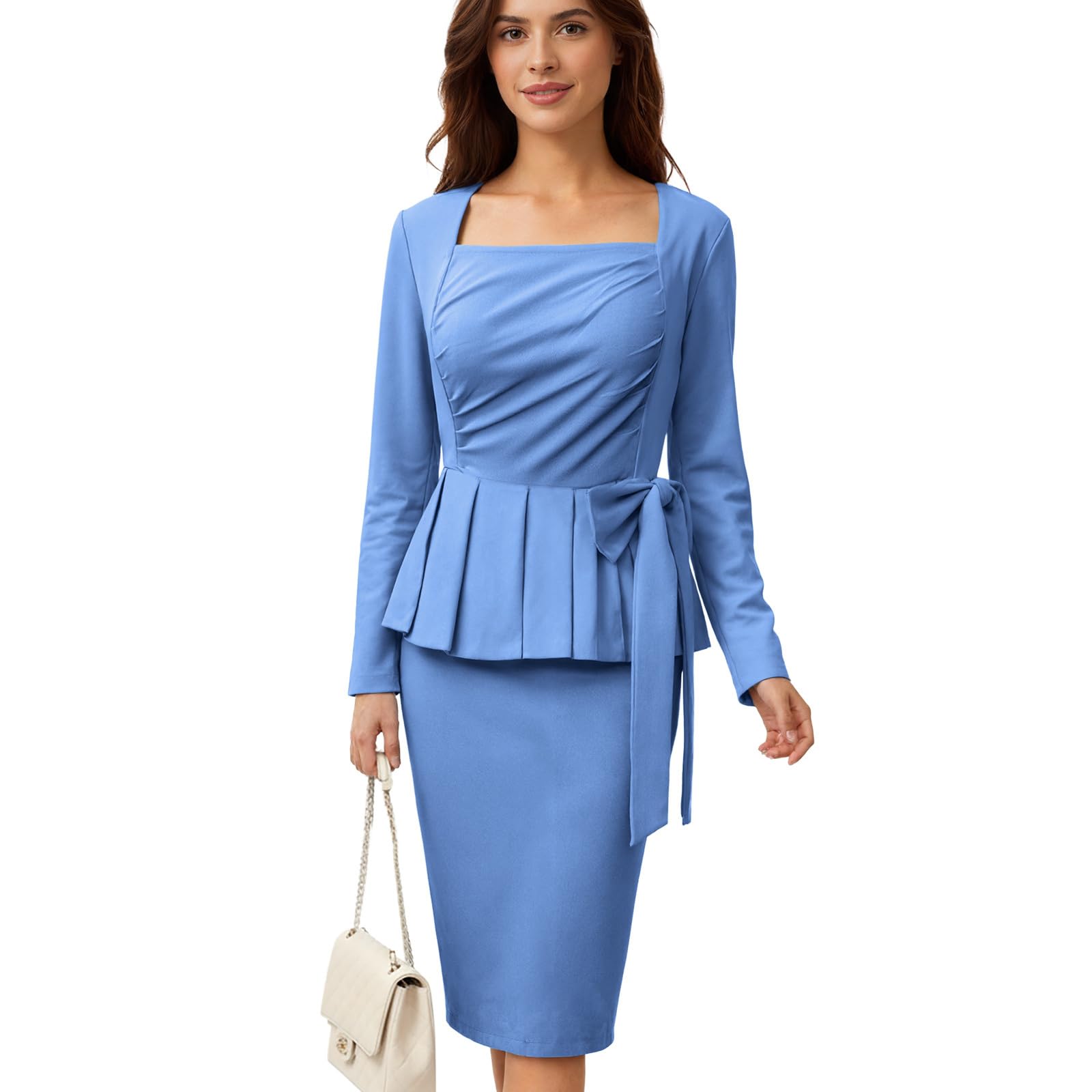 Womens Pleated Work Long Sleeve Bow Knot Bodycon Dress Square-Neck Fited Office Business Casual Midi Pencil Dresses