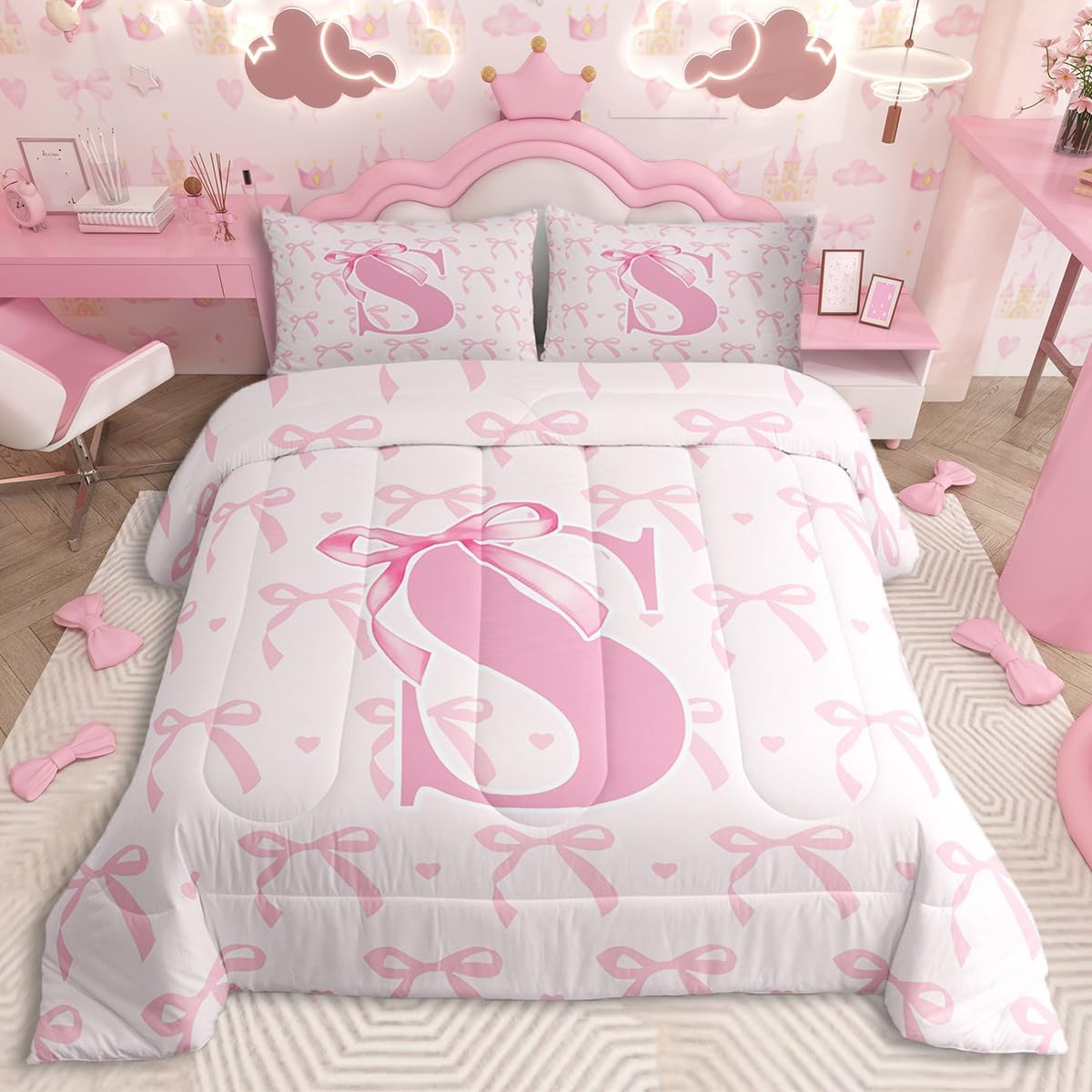 jejeloiu Cute Pink Bow Kids Bedding Set Twin Size,Boys Girls Personalized Letter S Comforter Set,Cute Coquette Bow Knot Ultra Soft Duvet Quilt,Initial Letter S Comforter Monogrammed Bedroom Decor