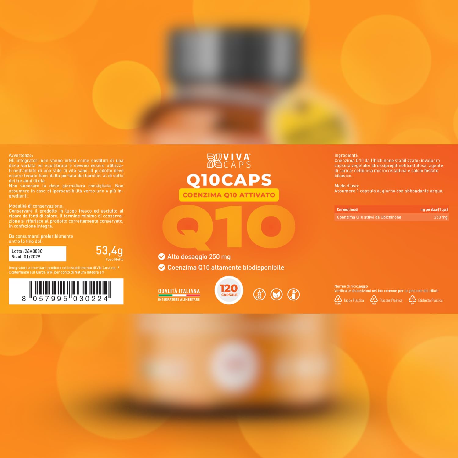 Coenzima Q10 250 mg per dose giornaliera 120cps 1 al giorno per 4 mesi, ubiquinone puro alta biodisponibilità - Made in Italy