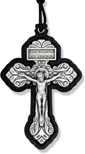 Collar con cordón de crucifijo de perdón de metal y madera negra para hombre (crucifijo de 2.5 pulgadas, cable de 32 pulgadas), fabricado en Italia,