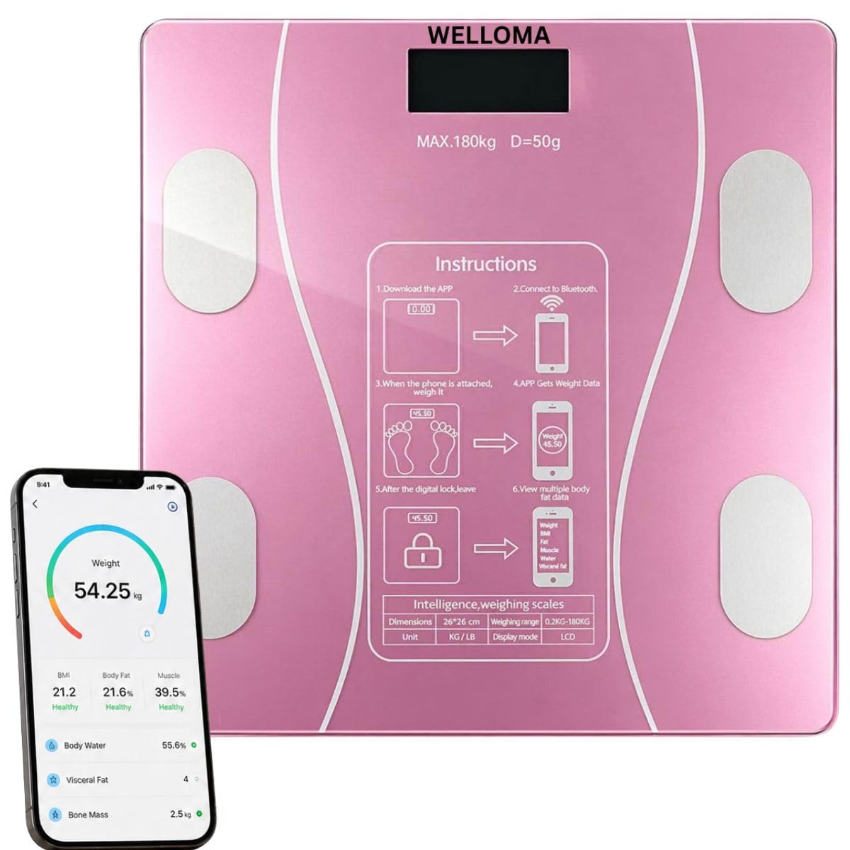 Smart Body Composition Weighing Scale (Pink) with Bluetooth | Digital BMI Weight Machine | Body Fat, Muscle Mass, Water%, BMR Analyzer | Fitness Scale with App | 180 Kg Capacity-picture-31