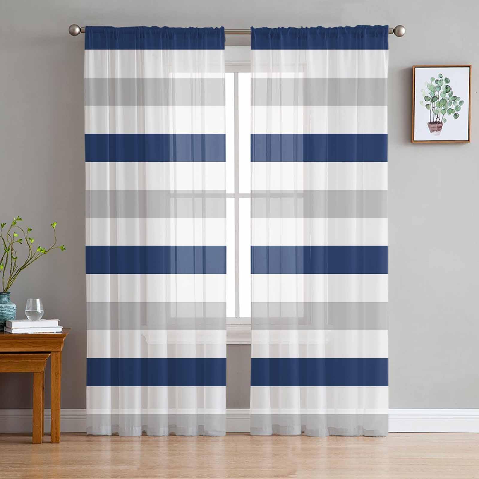 Blue Gray Striped Sheer Curtains 72 Inches Length 2 Panels Set Chiffon Curtain Sheers for Living Room, Country Minimalist Abstract Lines Rod Pocket