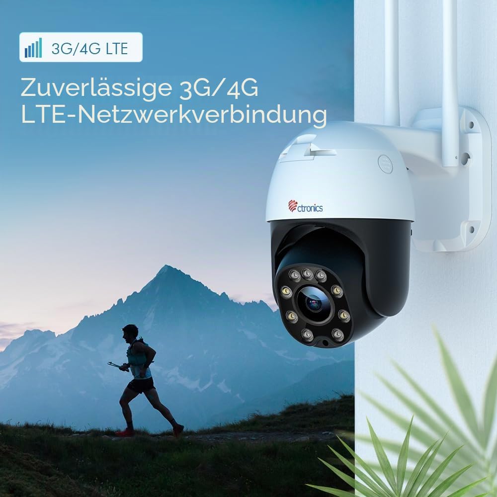 Ctronics 4G LTE Überwachungskamera Aussen mit SIM Karte, PTZ 360° IP Kamera Ohne WLAN Outdoor mit FarbNachtsicht, 30m Nachtsicht in Farb, PC/APP, FTP/NAS/Cloud, 2-Wege-Audio, IP66