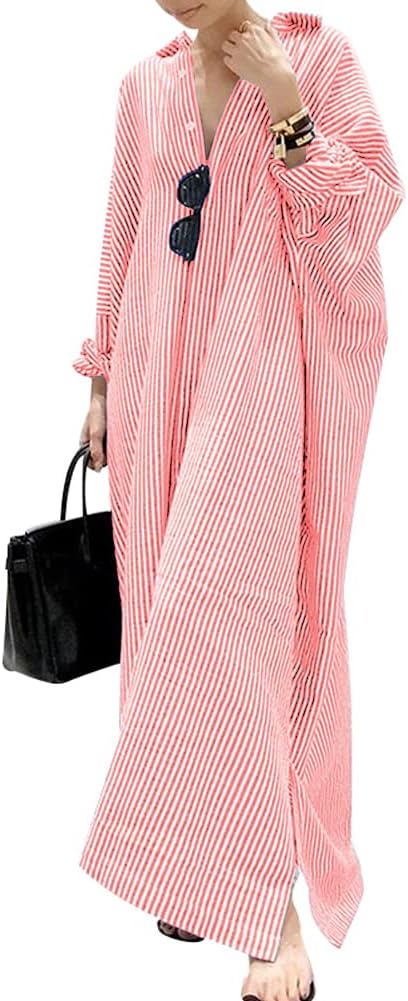 chouyatou Women's Casual Long Sleeve Button Down Loose Striped Cotton Maxi Shirt Dress