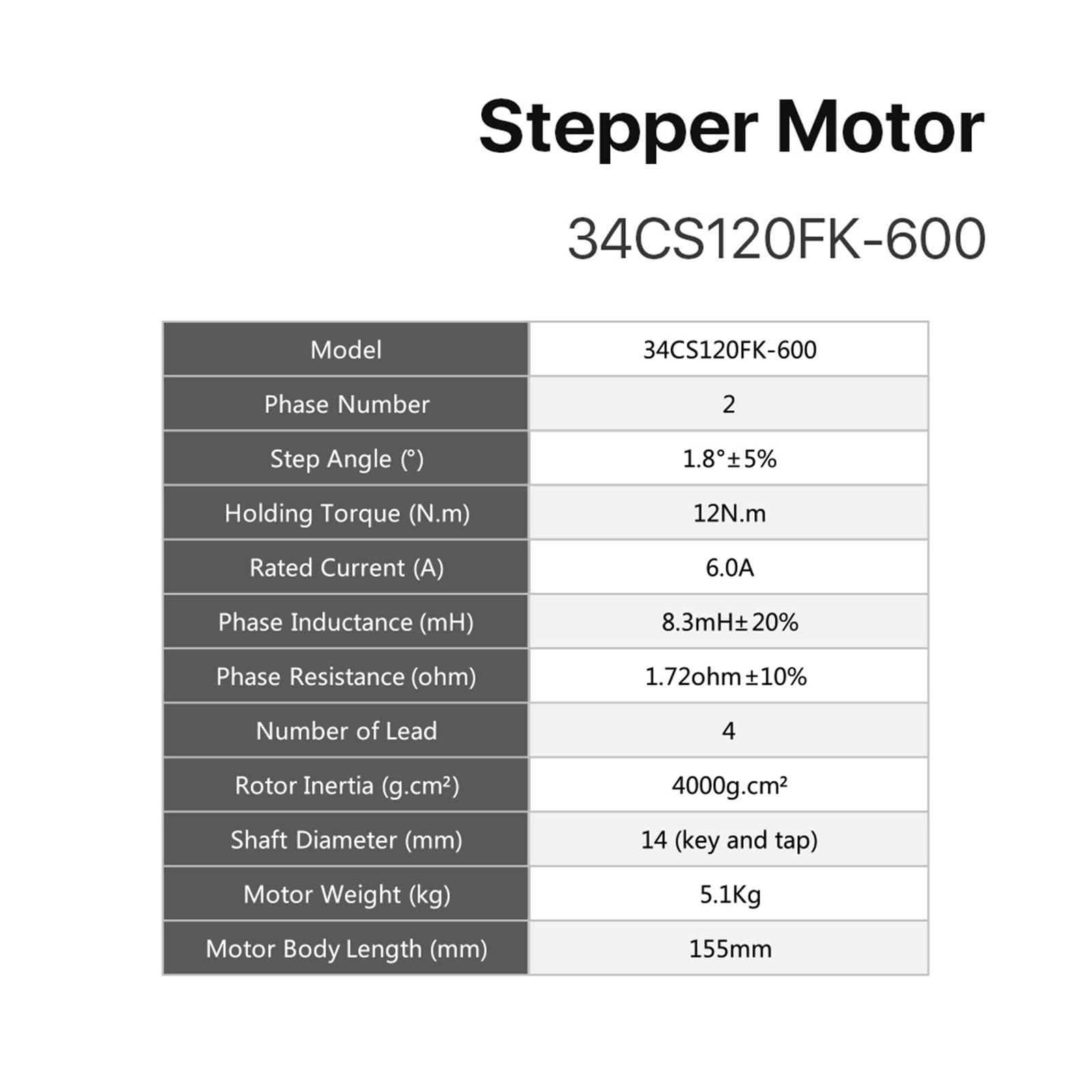 Motor Paso a Paso Nema 34 de 12 NM, 6,0 A, bifásico, 155 mm, Alto par for CNC