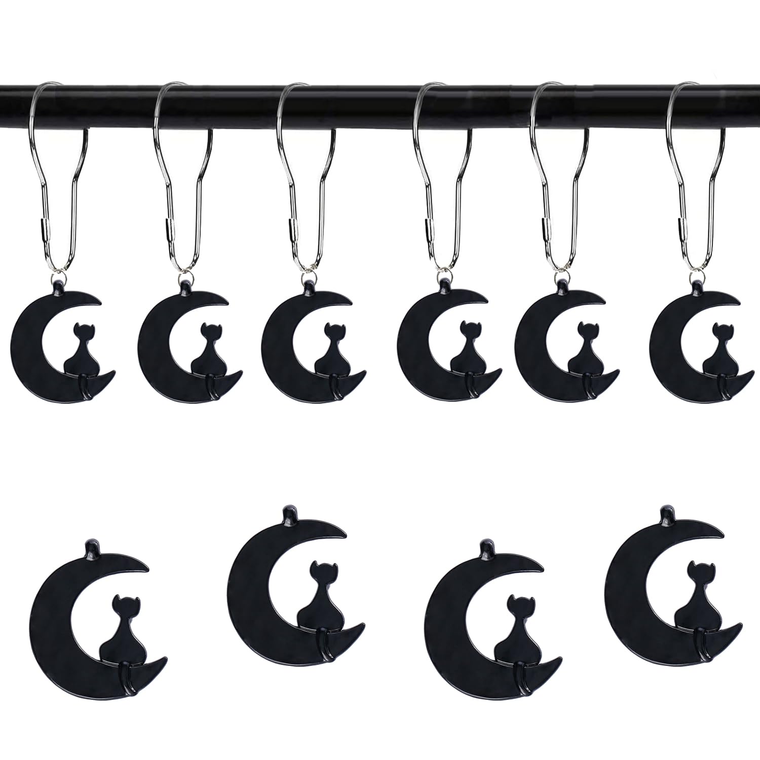 YRMLYMOP Shower Curtain Cat, 12 Pcs Blackcat Gothic Shower Curtain Cat Shower Curtain Hooks Rustproof Metal Shower Rings,Gothic Style Blackcat Theme Home Bathroom Decoration Cute Shower Curtain Hooks