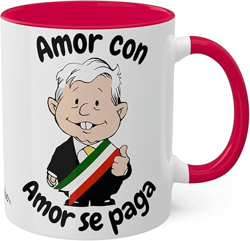 AMLO - Taza de café Amor Con Amor Se Paga Obrador, divertida caricatura Muñeco AMLITO, taza de cerámica blanca brillante con colores vibrantes en el