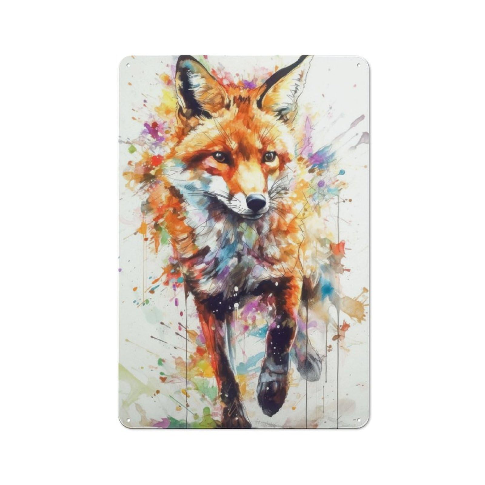 Junmoney Fox Watercolor Retro Metal Plaque 30X20cm For Café Or Home Bar, With Clear Retro Wall Decor Character