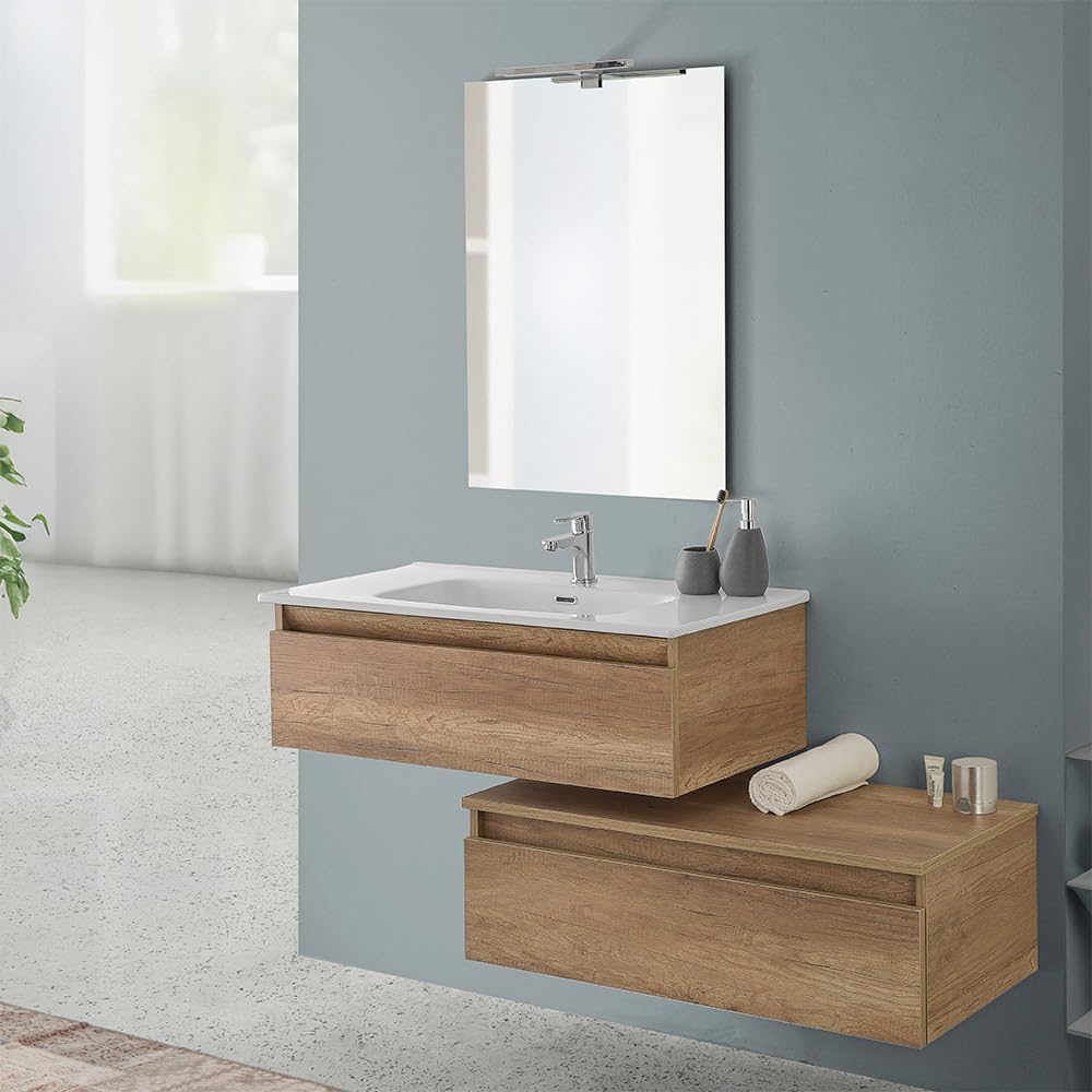 Inbagno Mobile Bagno Sospeso 90 cm Rovere Naturale – Composizione Modulare Con Lavabo In Ceramica E 2 Ampi Cassettoni Soft-Close – Linea Nadia