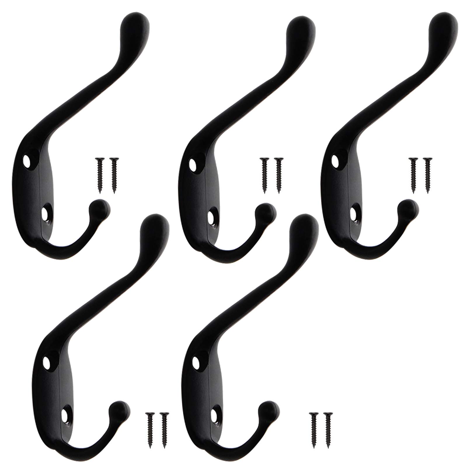 5 PCS Coat Hooks Black Metal Clothes Hooks Vintage Wall Hooks Heavy Duty Dual Coat Hooks Wall Mounted Coat Rack Retro Hat Hooks with 10 Screws for Kitchen Bathroom Bedroom Wall Door Wood Rail