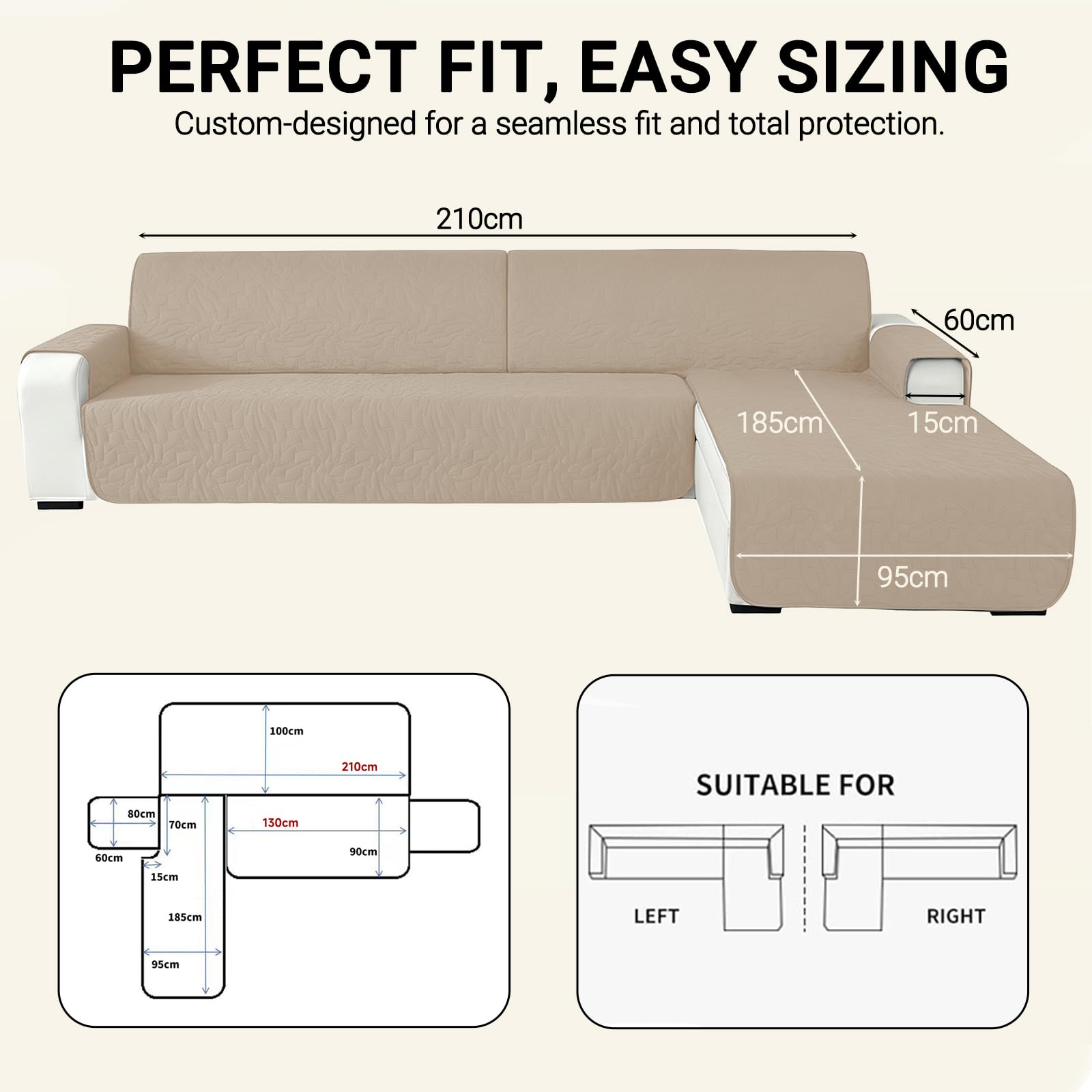 Sofabezug für Ecksofa, L-Form, 3 Sitzer, Wasserdicht, rutschfest, Universal, Reversibel, mit Armlehne, Waschbar, für Hund und Katze (Beige)