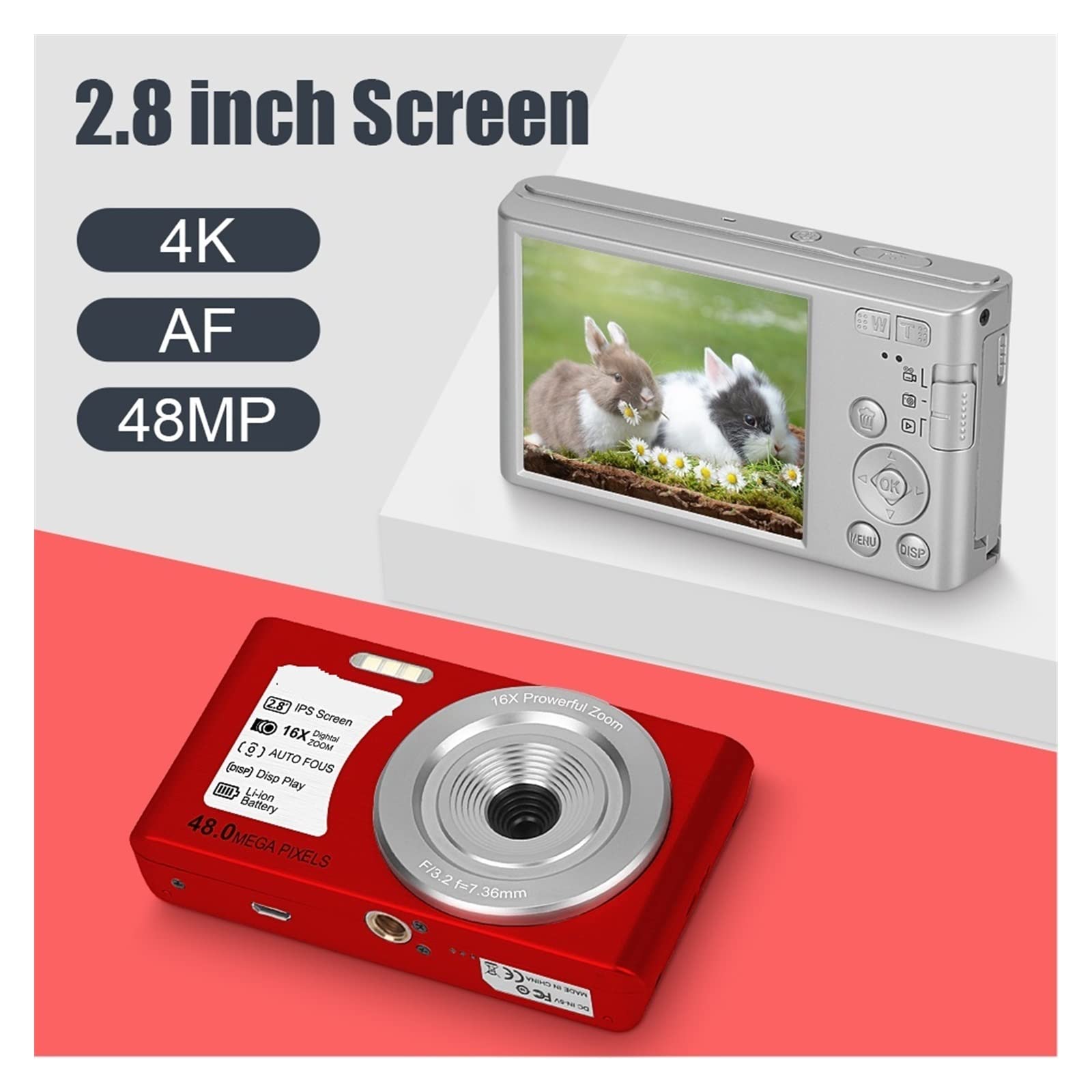 Kamera wideo, Mały aparat cyfrowy 4K 2,8"Ekran IPS 16-krotny zoom Automatyczne ustawianie ostrości Wykrywanie twarzy Samowyzwalacz Vlog Camera 48MP Dla dzieci Fotografia AF(128G TF Card,Nero)