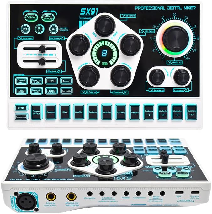 Podcast Equipment Bundle, Audio Mixer Interface with 48V Phantom Power & XLR Microphone Interface, 15 types Live streaming sound effects, 12 types Electronic tone, for PC/Phone/Streaming (White)