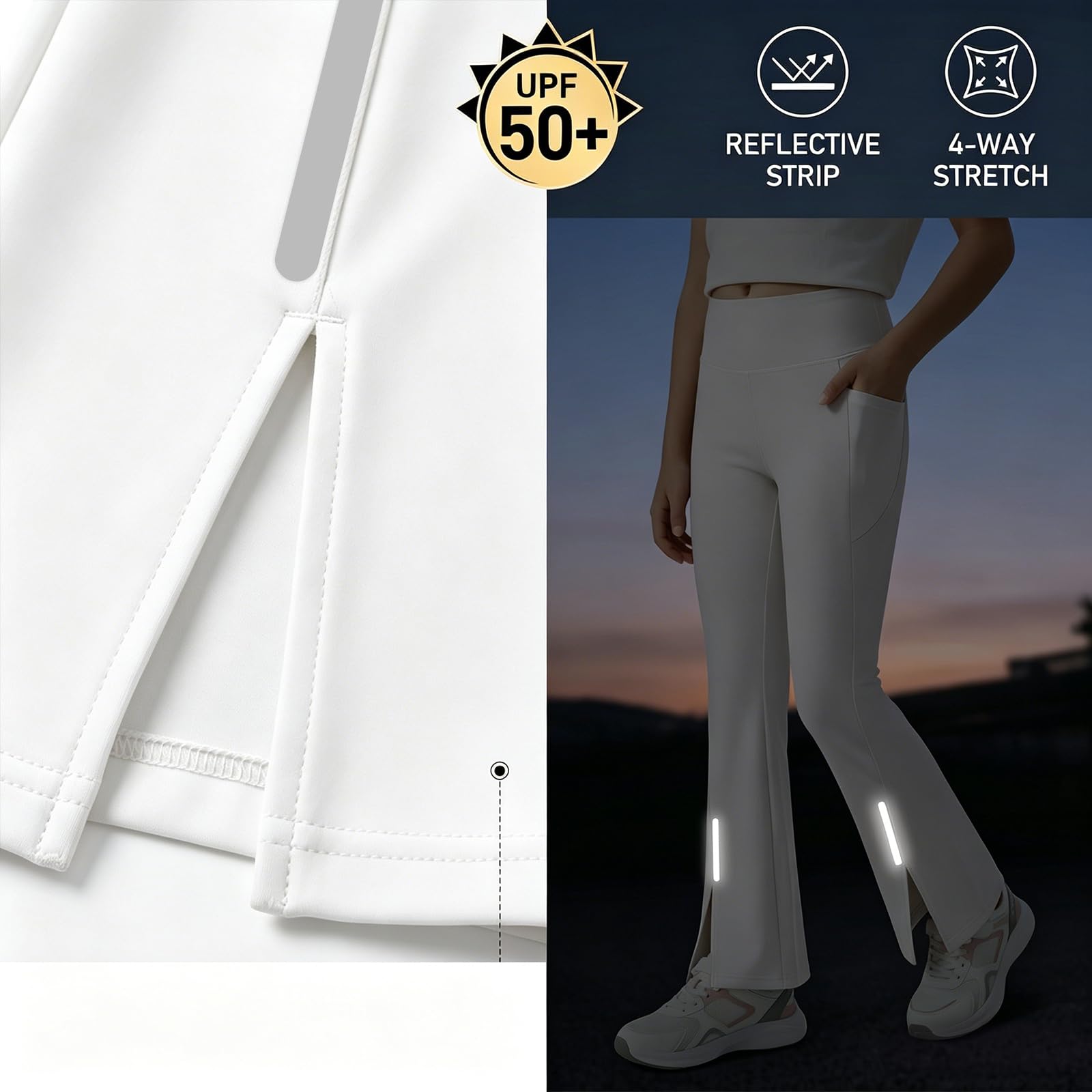 Leggings Deportivos para Niñas con Bolsillo y Tiras Reflectantes, UPF 50 Acampanados Pantalones Transpirable Elástico Casual Escuela Pantalón Ninos Mallas para 7-15 Años