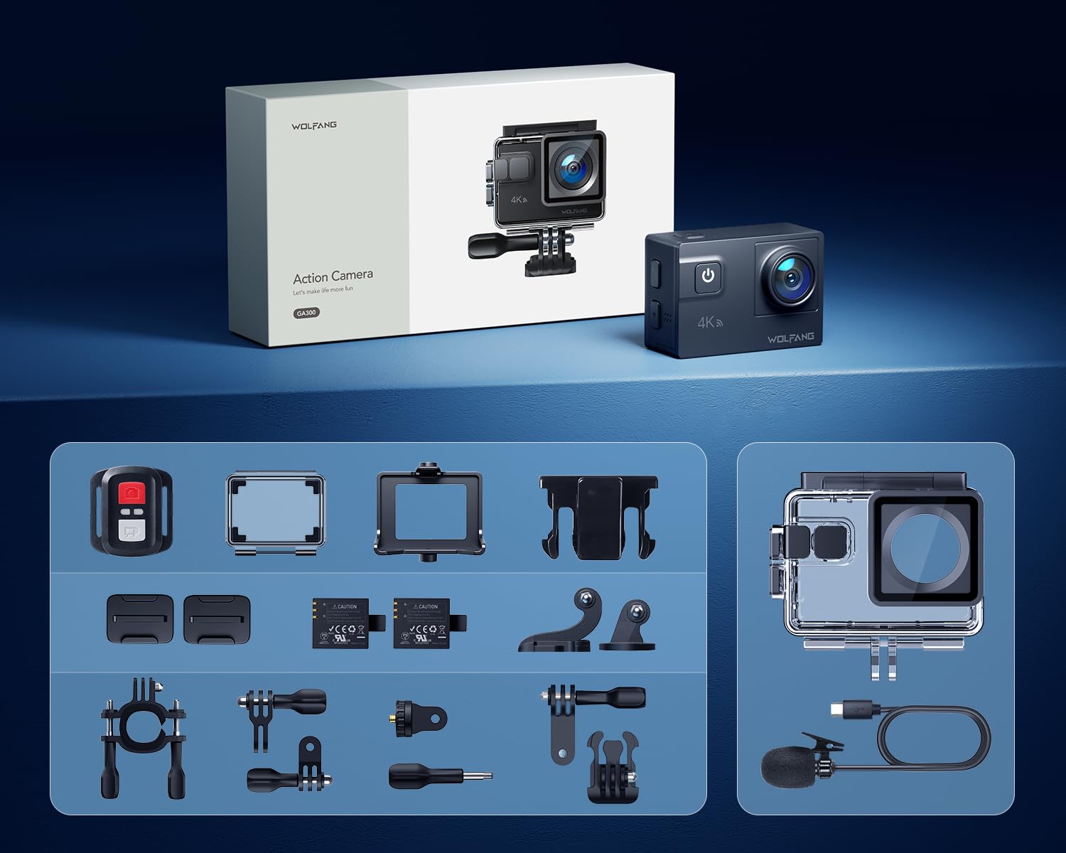 WOLFANG Action Cam,WiFi 4K 60 FPS Neue GA300 Actionkamera,8xZoom 24MP,Unterwasserkamera 40 Meter mi,Dual-Mikrofonen,170° Weitwinkel Verbesserter,EIS 2.4 G Fernbedienung,2 x 1350 mAh Akkus,Touchscreen