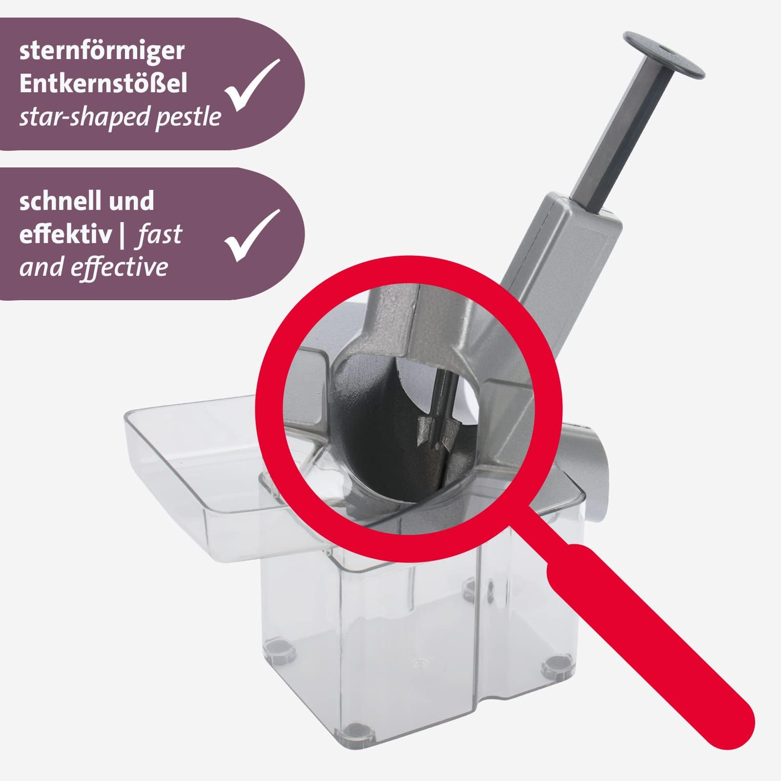 Westmark Kirschenentkerner/-entsteiner mit schräggestellter Schütte und großer Kernkassette, Kunststoff/Edelstahl/Aluminium, Kirschomat, Silber/Schwarz/Transparent, 40702260