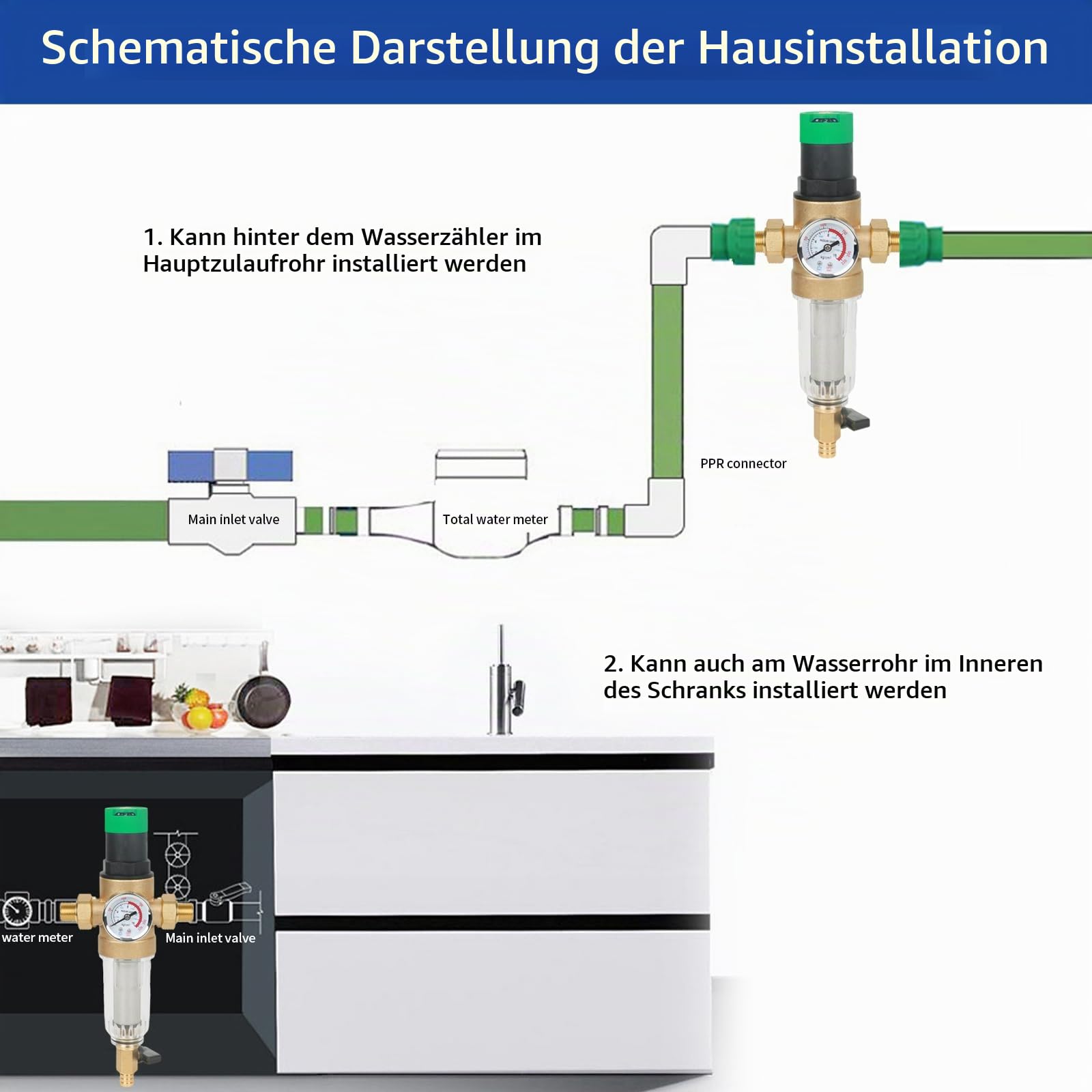 Rückspülfilter, Druckminderer Wasserfilter mit Manometer, Wasserdruckminderer, Wasser Vorfilter Sedimentfilter, Ausspülbarer Feinfilter, Spin Down Sediment Wasserfilter (1" mit 3/4" Adapter)