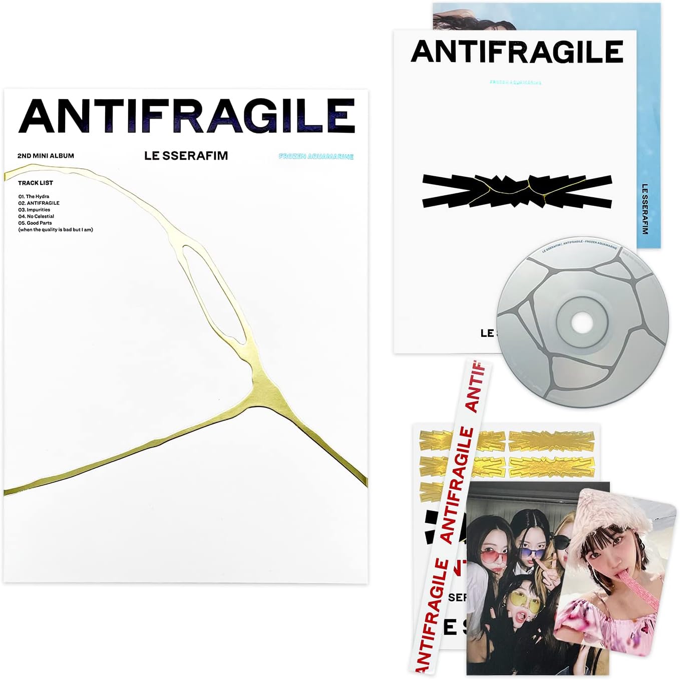 LE SSERAFIM ANTIFRAGILE Vol.3 FROZEN AQUAMARINE Ver. Booklet Photocard + Postcard + Sticker + Antifragile Sticker + Folding Poster + 2 Pin Button Badge + 4 Extra Photocard