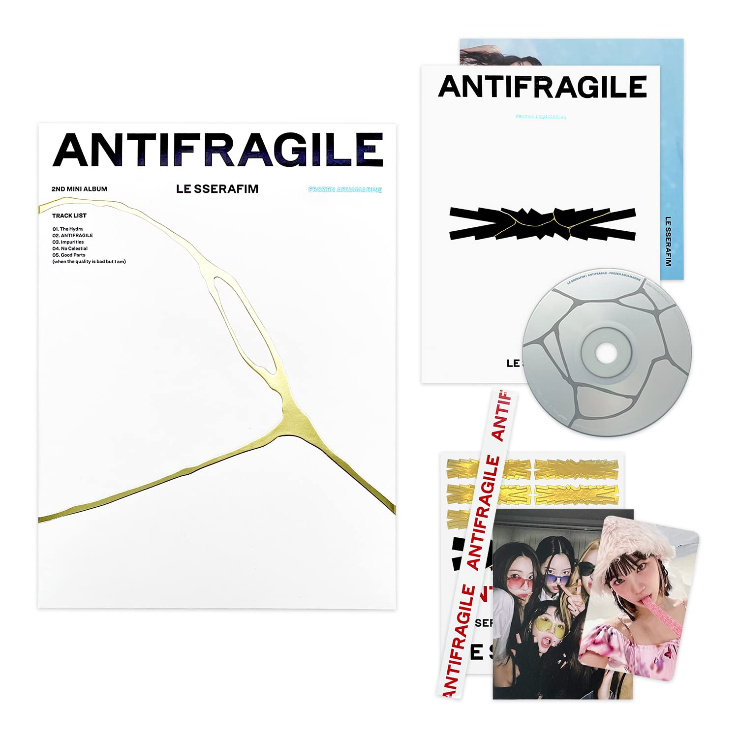 LE SSERAFIM ANTIFRAGILE Vol.3 FROZEN AQUAMARINE Ver. Booklet Photocard + Postcard + Sticker + Antifragile Sticker + Folding Poster + 2 Pin Button Badge + 4 Extra Photocard