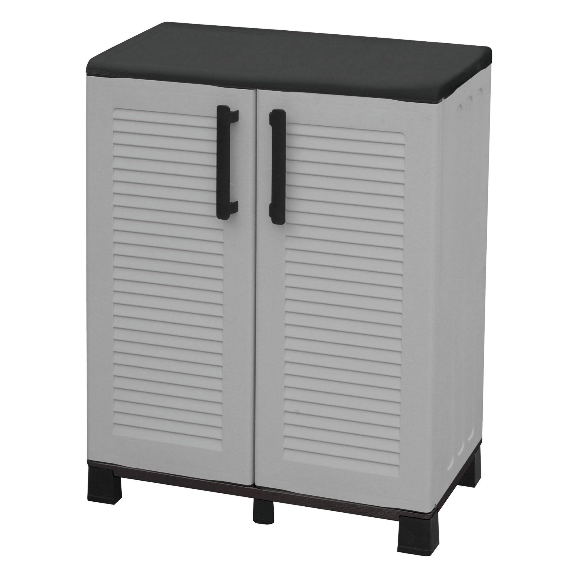 Dmora - Armadio da esterno Wavre, Armadio balcone multiuso, Mobile outdoor 2 ante, 100% Made in Italy, 68x37h90 cm, Grigio chiaro e Nero, Finitura righe