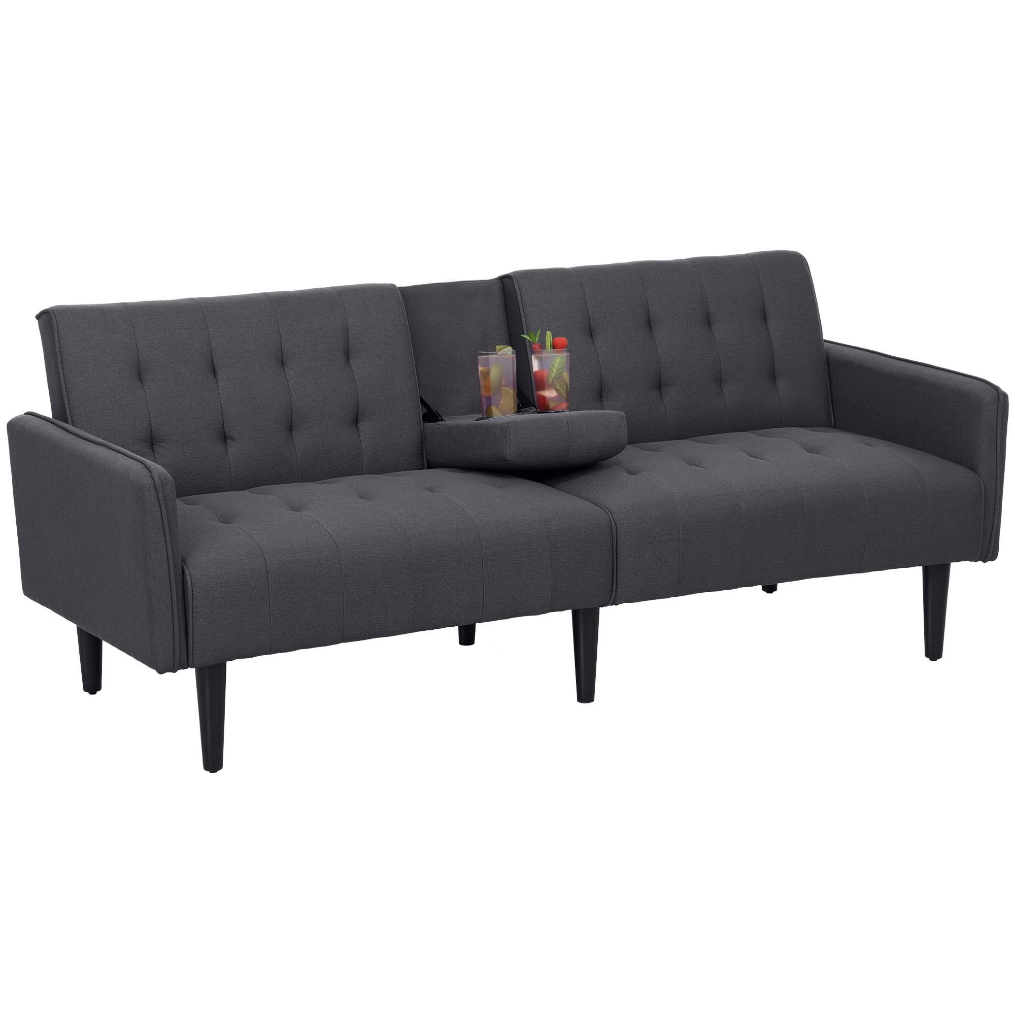 Homcom Grey Upholstered Click Clack Sofa Bed, Linen-Feel 3 Seater Sofa Bed With Storage And Cupholders,