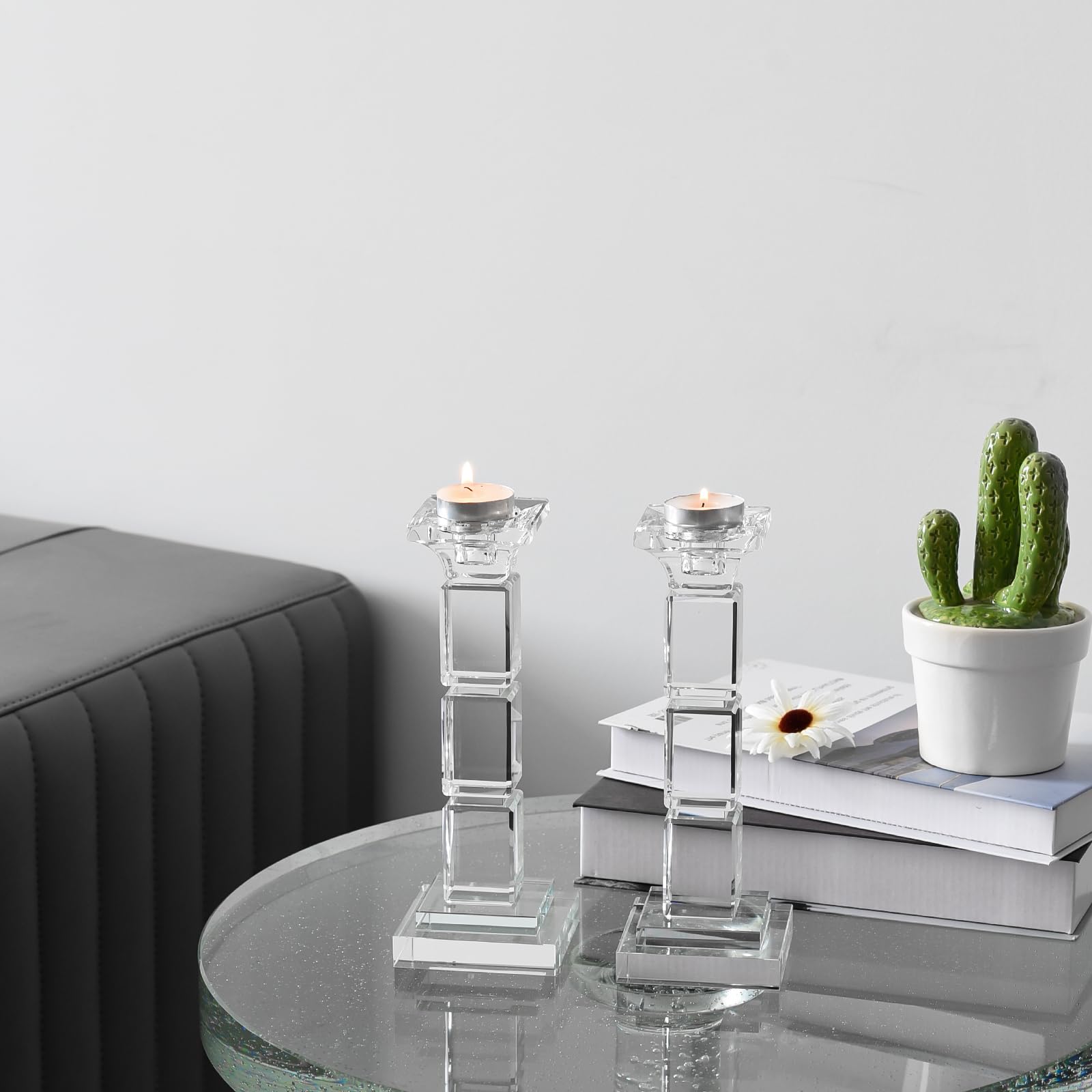 Kristall Kerzenhalter Set, 2 Stück, Dual-Use für Stumpenkerzen & Teelichter, Moderner Leuchter mit elegantem Design als Tischdeko für Hochzeit, Wohnzimmer & Restaurant