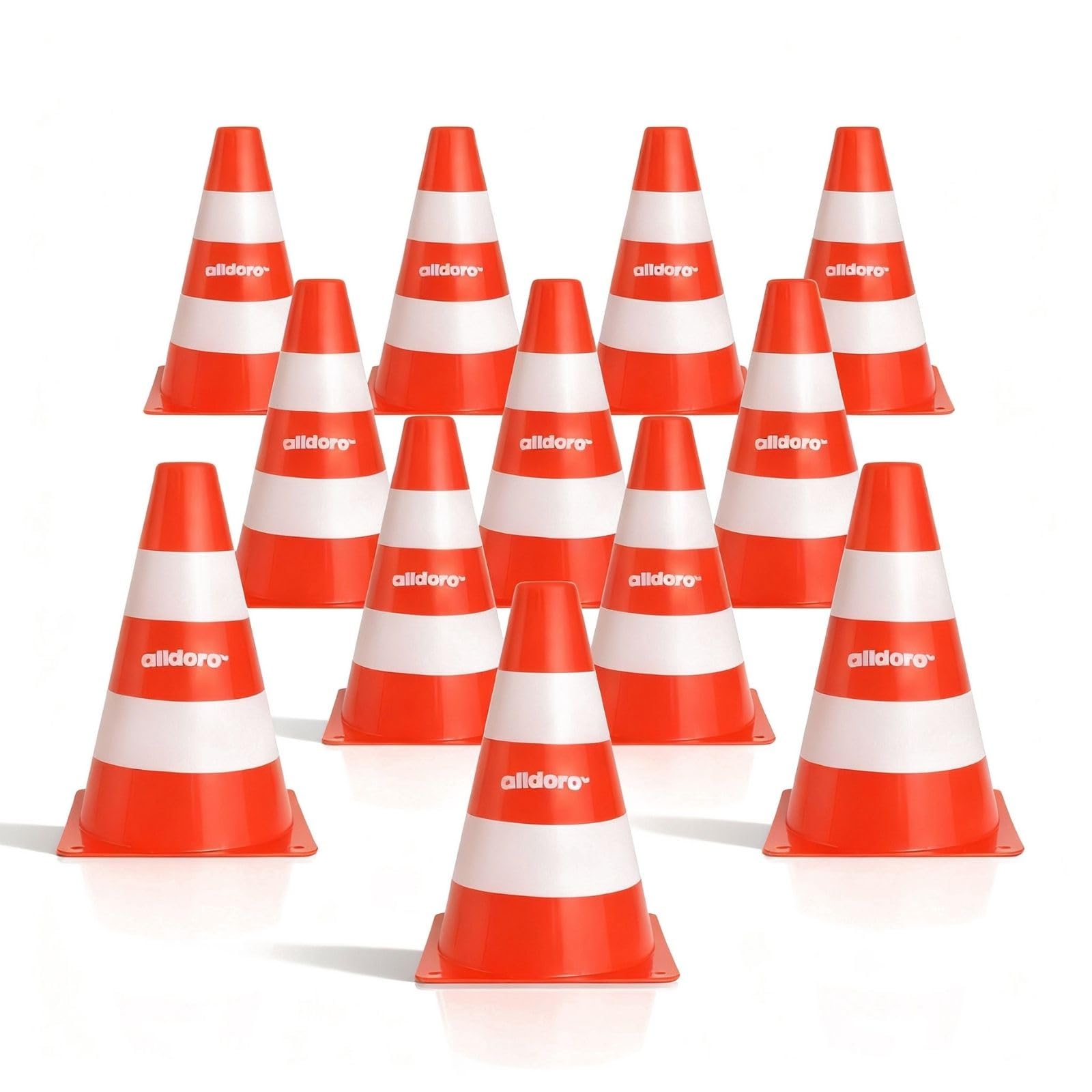 alldoro 60093 Pylonen 12er-Set für Kinder, Verkehrshütchen orange-weiß, 18 cm hoch, stapelbare Leitkegel für Slalom, Sport & Freizeit