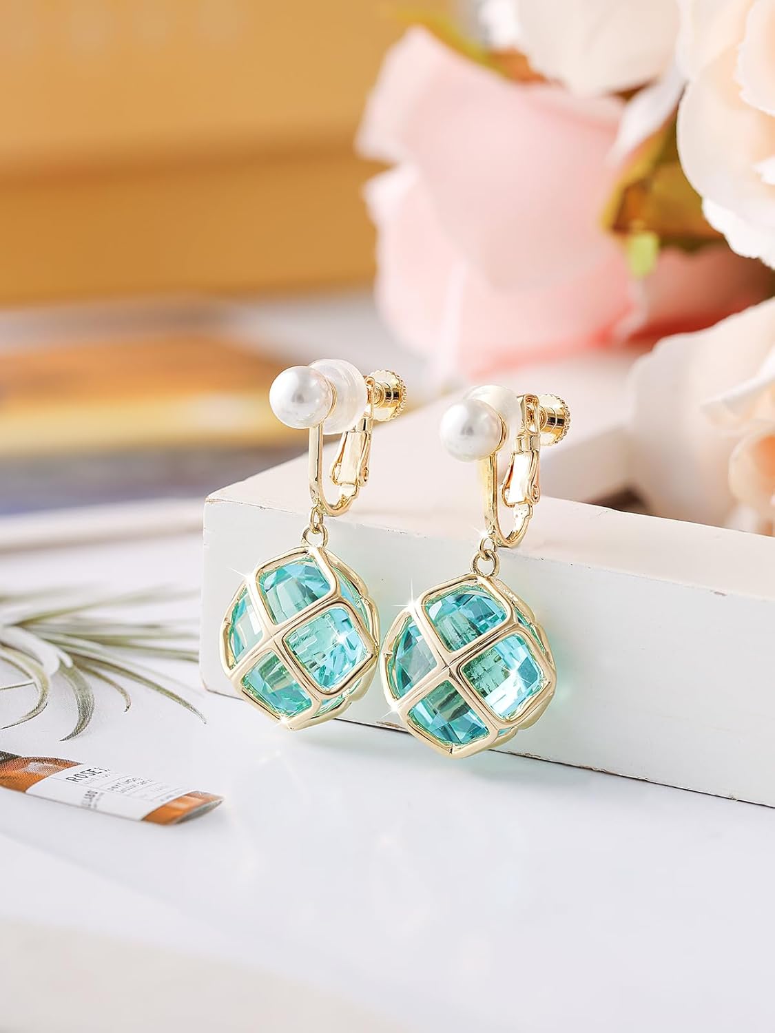 Clip On 14MM Big Austrian Crystal Dangle Non Pierced Earrings for Women 14K Gold Plated Jewelry - Image 9