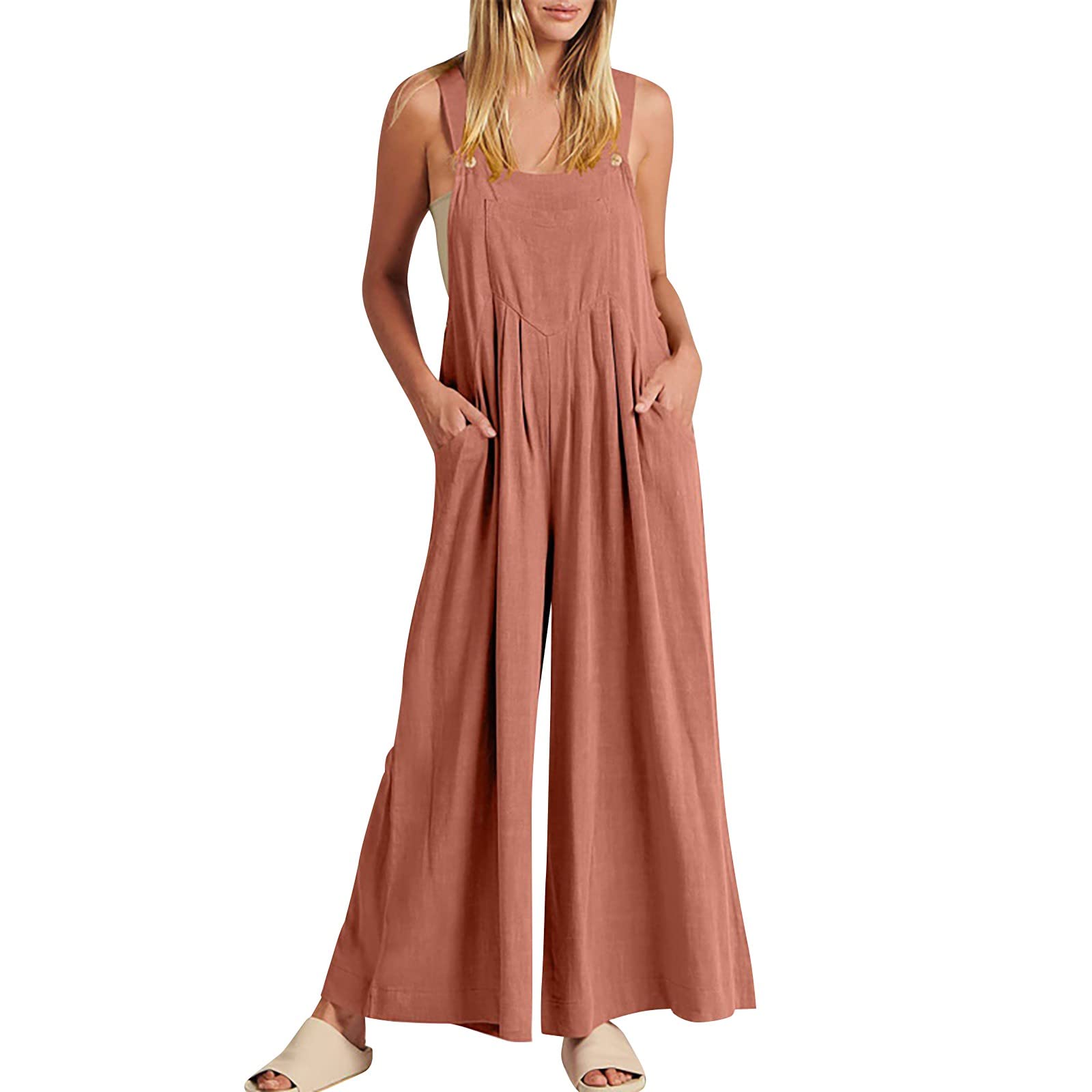 Salopette d'été longue pour femme - Rose - Combinaison sportive et élégante - Avec poches - Une pièce - Combinaison ample sans manches - Couleur unie - Combinaison d'été confortable