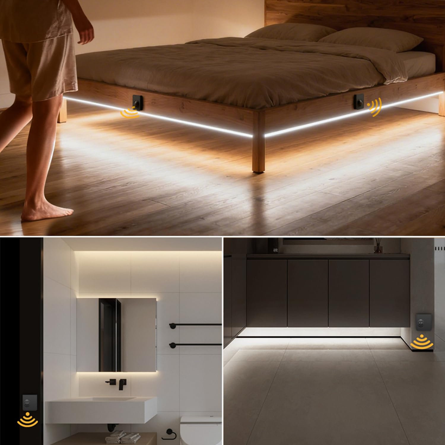 Striscia LED con 2 sensori di movimento 5M, 24V 280 LED/M con spina Striscia LED con alimentatore Autoadesiva 3000K Bianco caldo Luce attivata dal movimento per armadi Scale Corridoio,3000k,10M