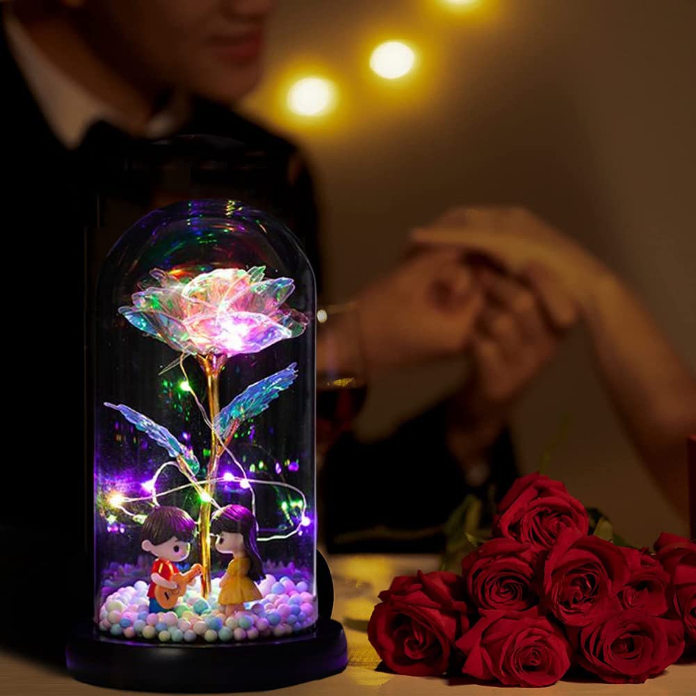 Goodern Galaxy Rose for Women,Beauty and The Beast Rose Birthday Marriage Proposal Gift,Preserved Rose in Glass Dome,Artificial Rose with LED Light Crystal Rose Best Gift for Her,Wife,Mom,Girlfriend