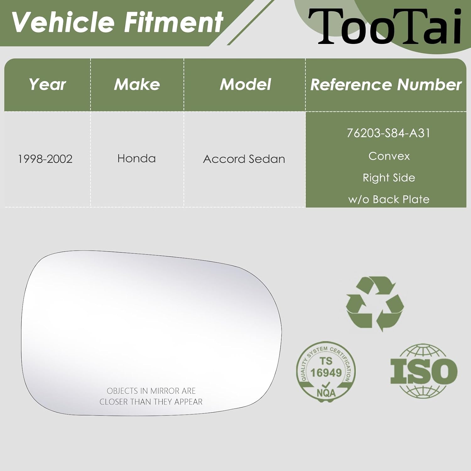 Passenger Side Replacement Mirror Glass - Compatible with Accord 1998-2002 sedan - non-Heated, without Backing Plate