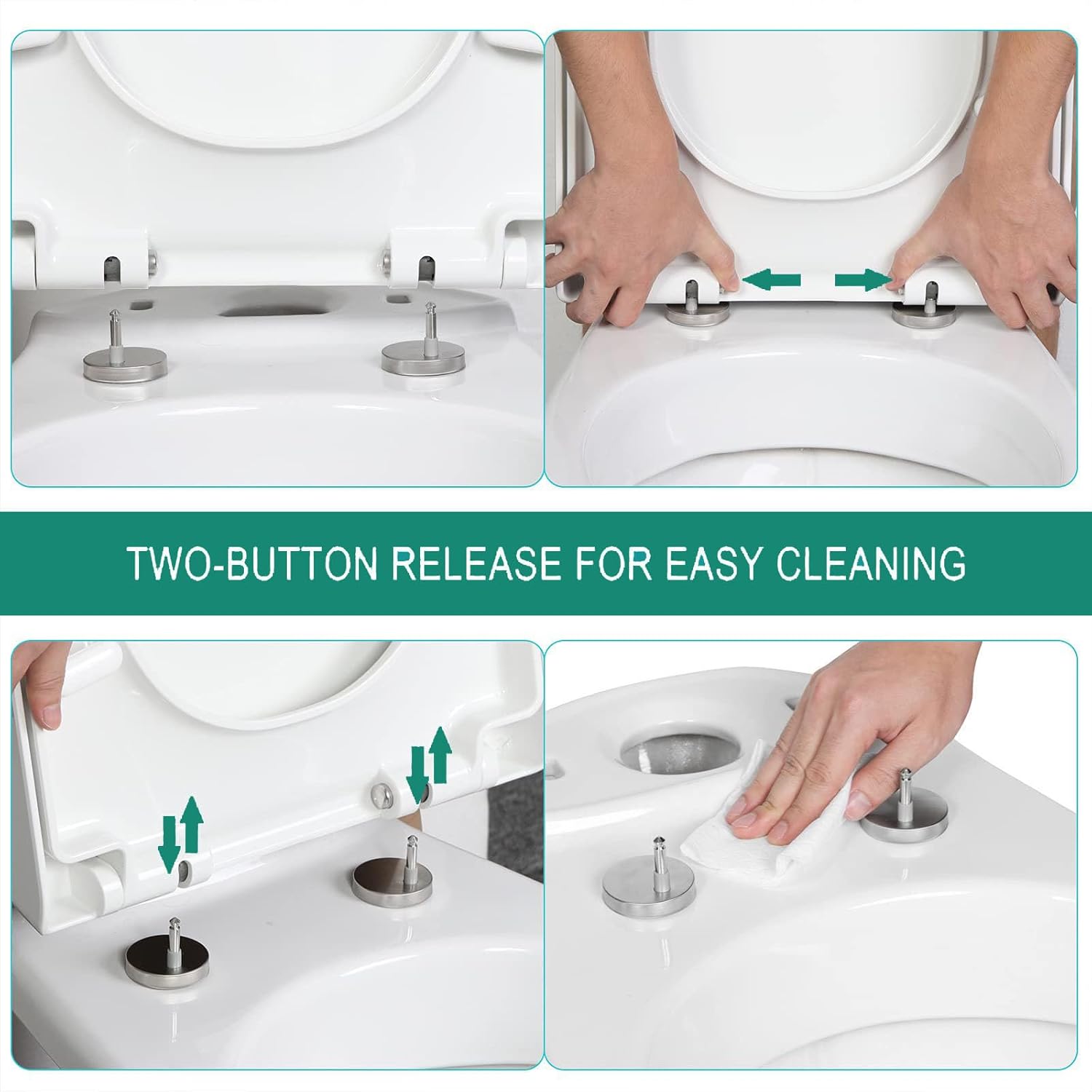 Rectangular Soft Close Toilet Seat with Quick Release Mechanism, Top Fixed, Easy to Clean, 34.5 x 43cm