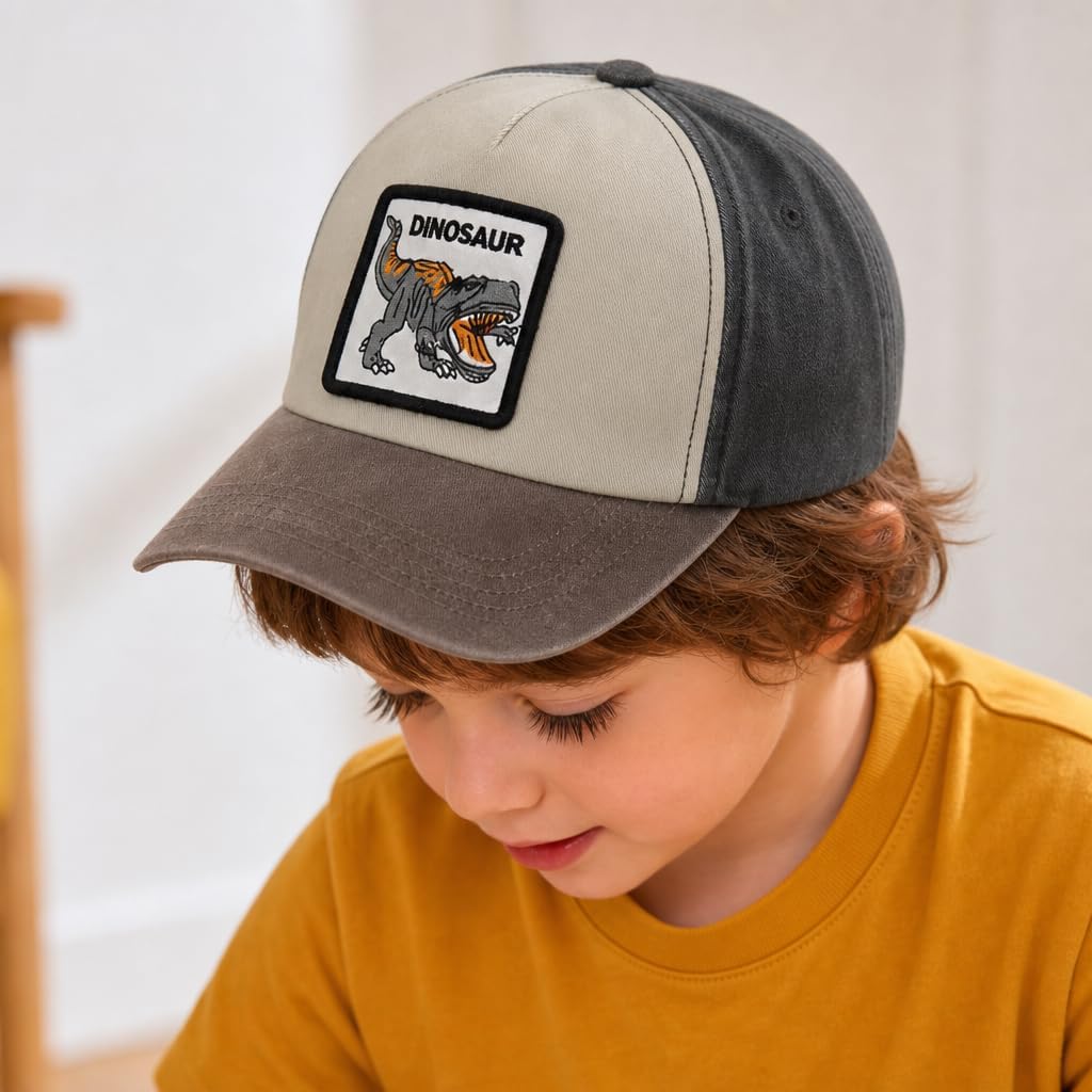 Tyrannosaurus Dinosaur Embroidered Baseball Cap Adjustable Colorblock Kids Hat Washed Summer Hats for Boys Ages 2-8