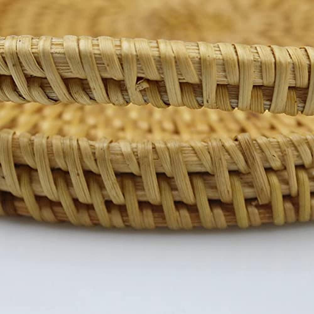 Hand Braided Serving Basket Round Rattan Basket with Handles Desktop Organizer Tray for Bread, Fruit, Food, Breakfast-S