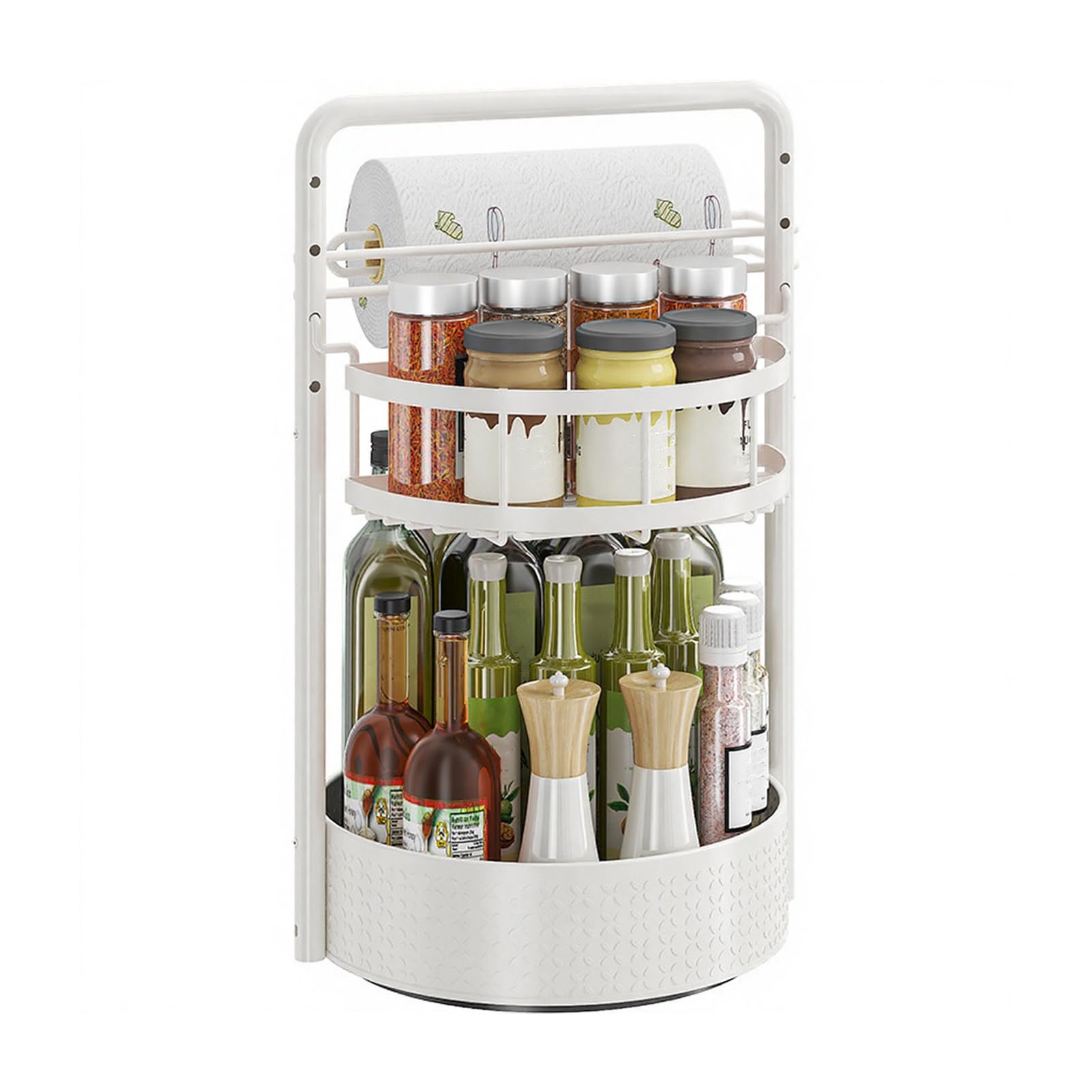 Glifora Rotating Spice Rack with Built-in Paper Towel Holder - 360 Degree Double-Layer, Adjustable Height Organiser, Metal Kitchen Storage Rack
