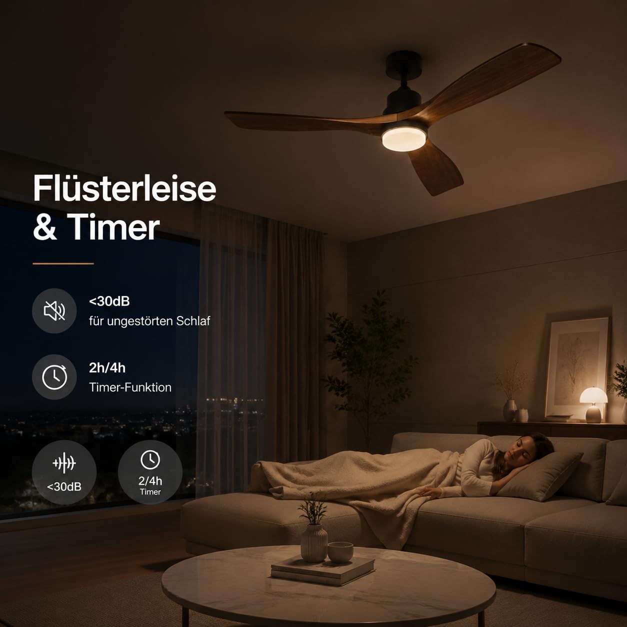Ventilador de techo de 132 cm con iluminación y mando a distancia, motor DC silencioso, 3 aspas, 6 velocidades, temporizador, funcionamiento verano invierno para dormitorio (Negro)