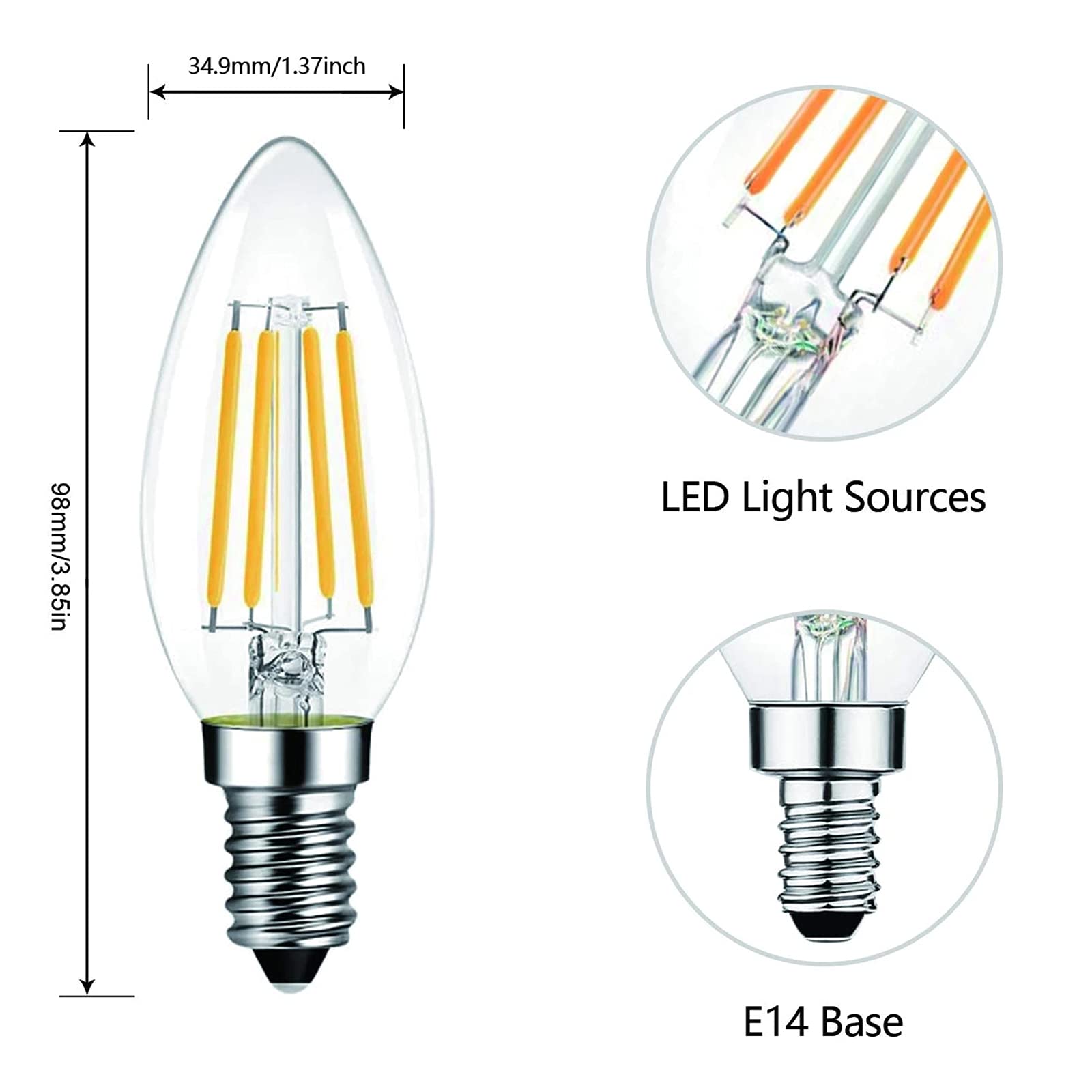 E12 E14 Bombilla LED Filamento LED Bombilla de luz de Vela E14 220V 6W Bombilla Vintage para candelabro Blanco cálido frío (9Pcs)