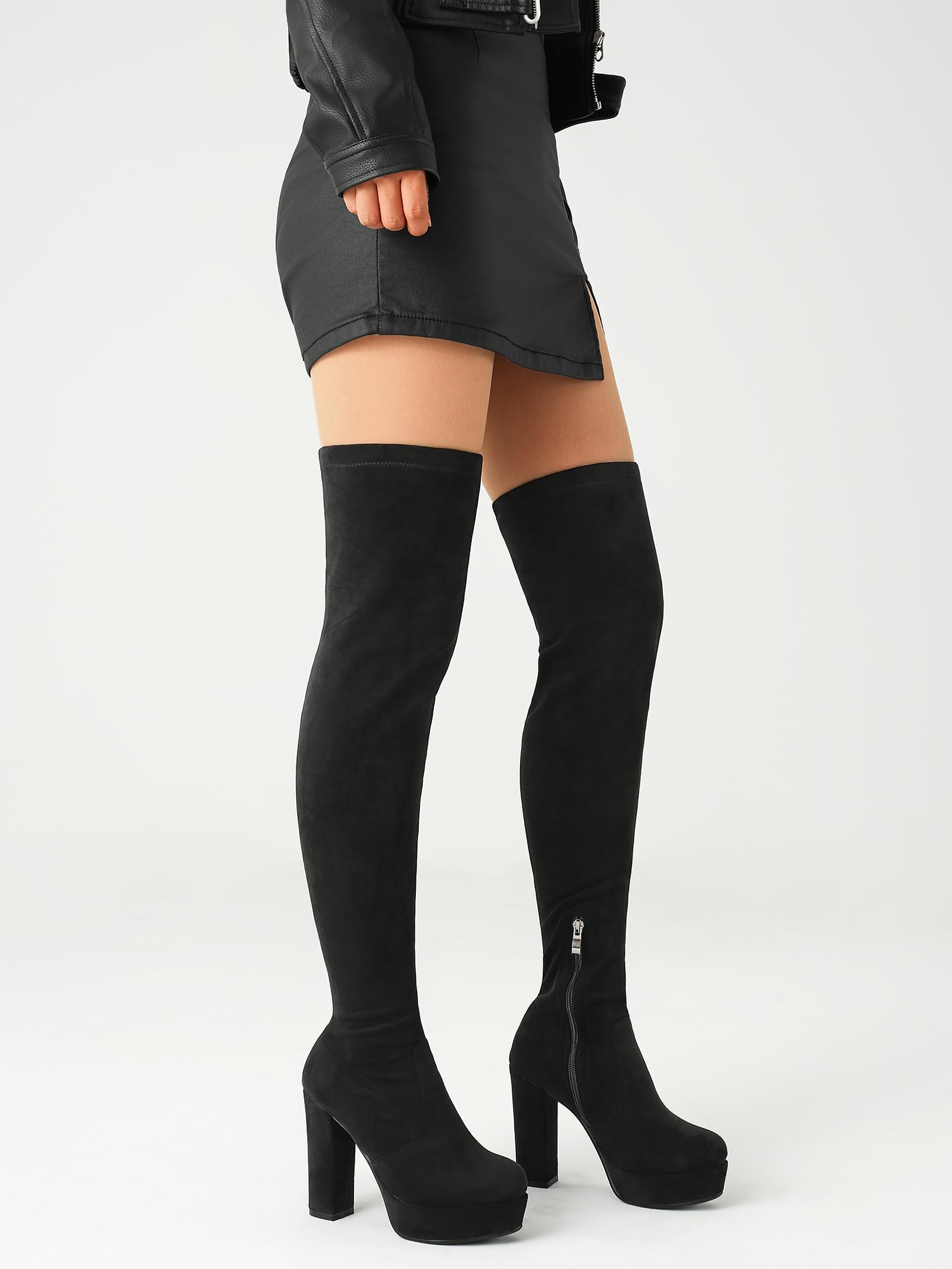 NueiVeiuo Women Thigh High Boots Chunky Heel Side Zipper
