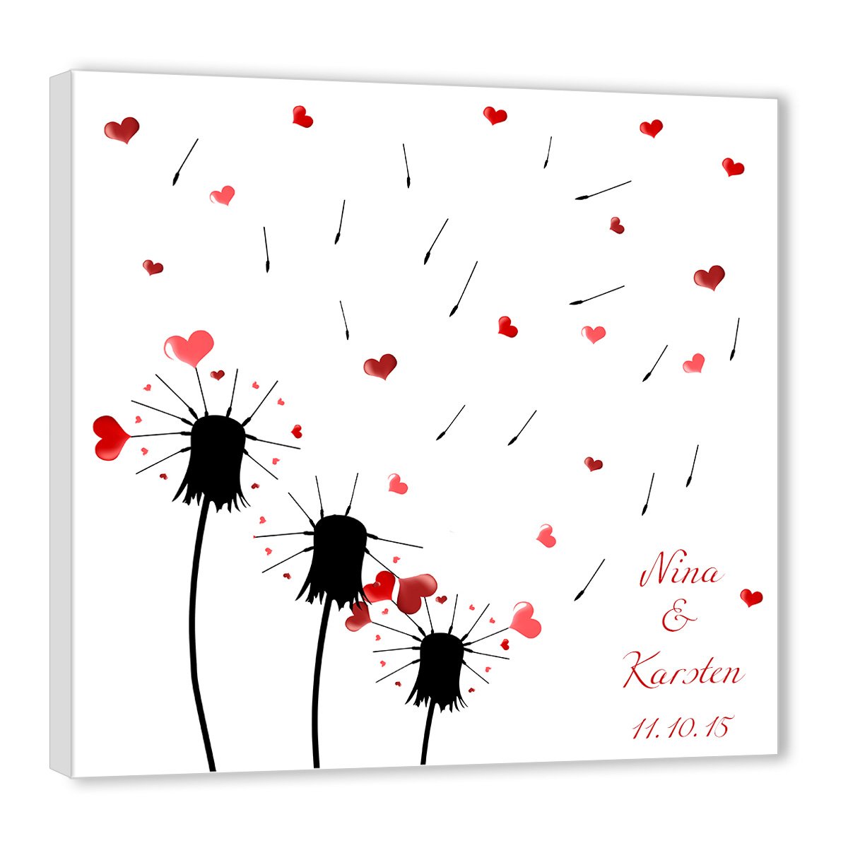 Hochzeitsbaum Fingerabdruck 60x60 mit NAMEN & DATUM - INKL Zubehör-Set (Stempelkissen+Stift+Anleitung+Hochzeitsbuch+...) - Pusteblume - Fingerabdruck Baum Leinwand