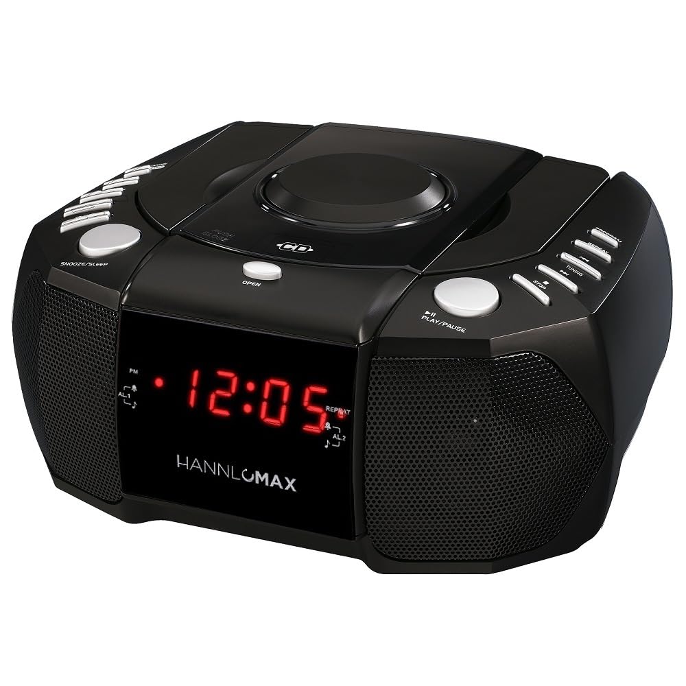 HANNLOMAX HX-334CD CD Player with PLL AM/FM Radio, Digital Clock with Dual Alarm, Red LED Display, Aux-in, AC Operation only. (Black)