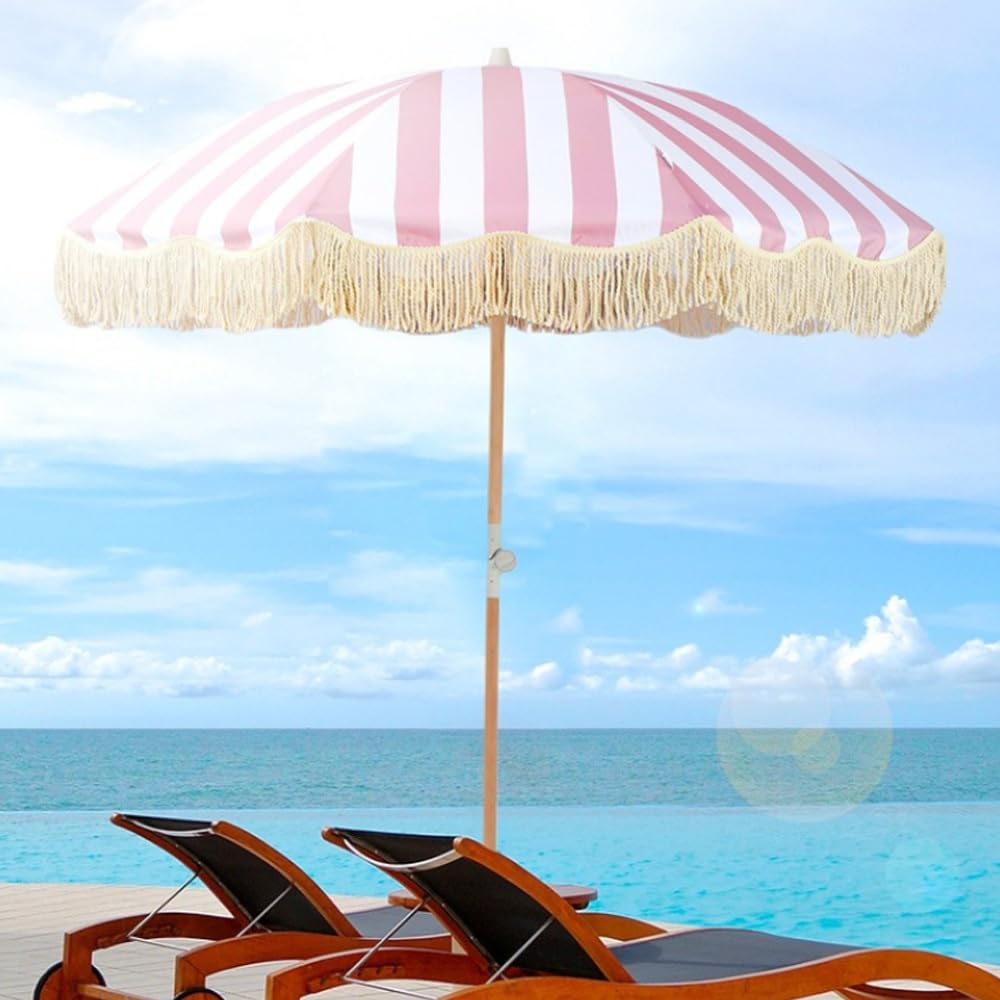 Sombrilla de playa de 6.5 pies con borlas blancas, sombrilla bohemia para patio, piscina al aire libre, jardín, mercado, inclinación de 180°