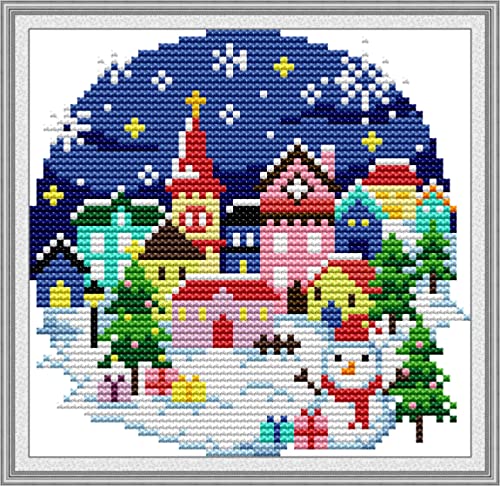 Image of Howie's Needlepoint Cross Stitch Kits, 11CT Pre-Printed Pattern Needlepoint Kits, Full Range of Stamped Starter Kits (Winter Village, 8.3 x 8.3 Inch)