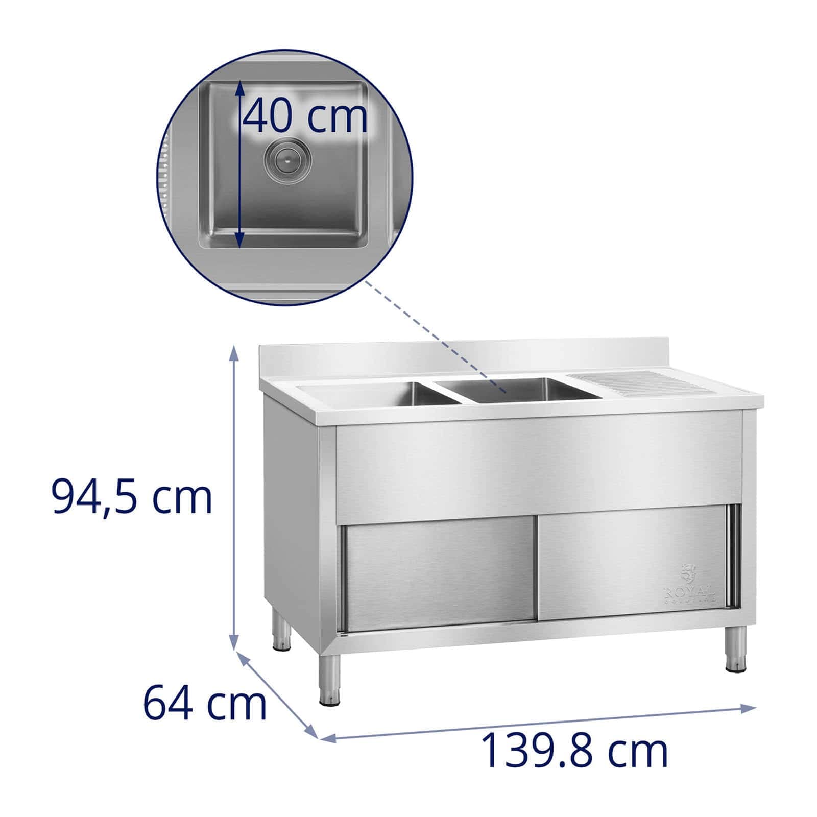 Royal Catering RCHS-1400WS Lavello Cucina Inox Lavello Armadiato Doppio Professionale (2 Vasche, Acciaio Inox, Porte Scorrevoli, 64x140x95,5 cm)
